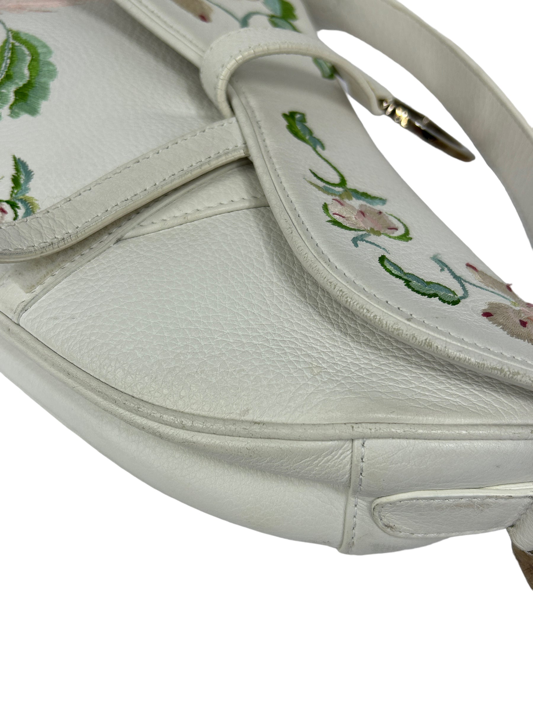 White Grained Calfskin Embroidered Romantic Flowers Saddle Bag w/SHW