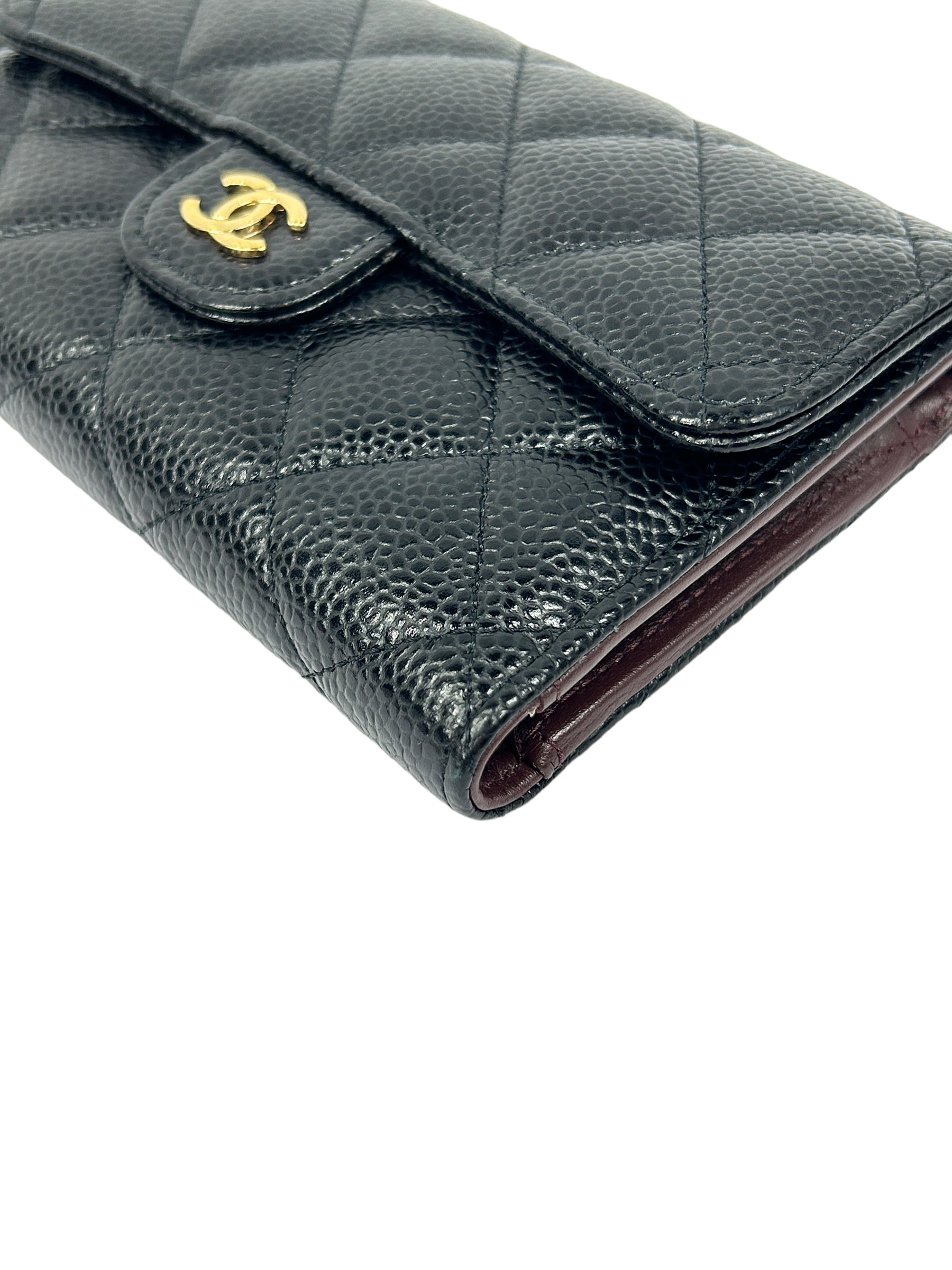 Black Caviar Quilted Leather Medium Flap Wallet w/GHW