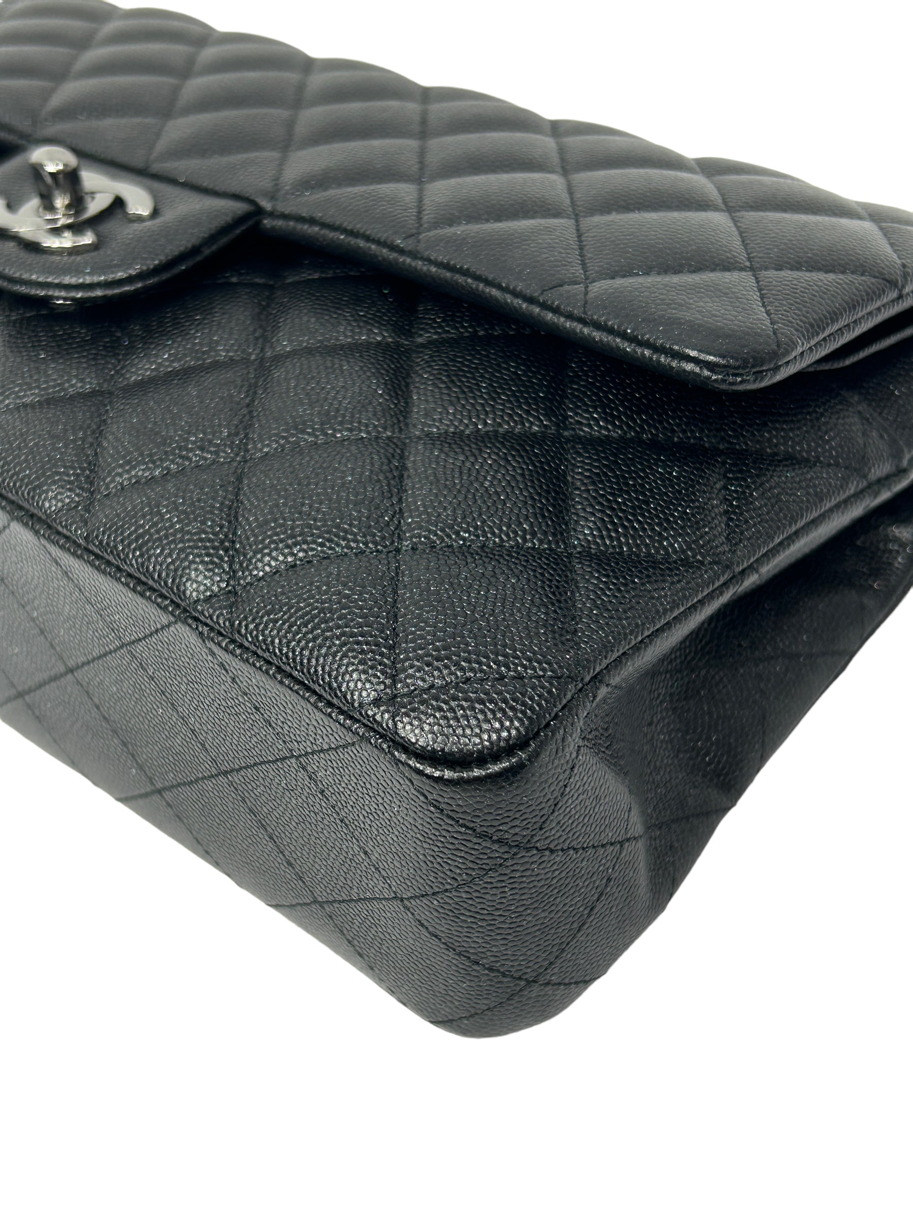 Black Caviar Glitter Quilted Leather Double Classic Flap w/RHW