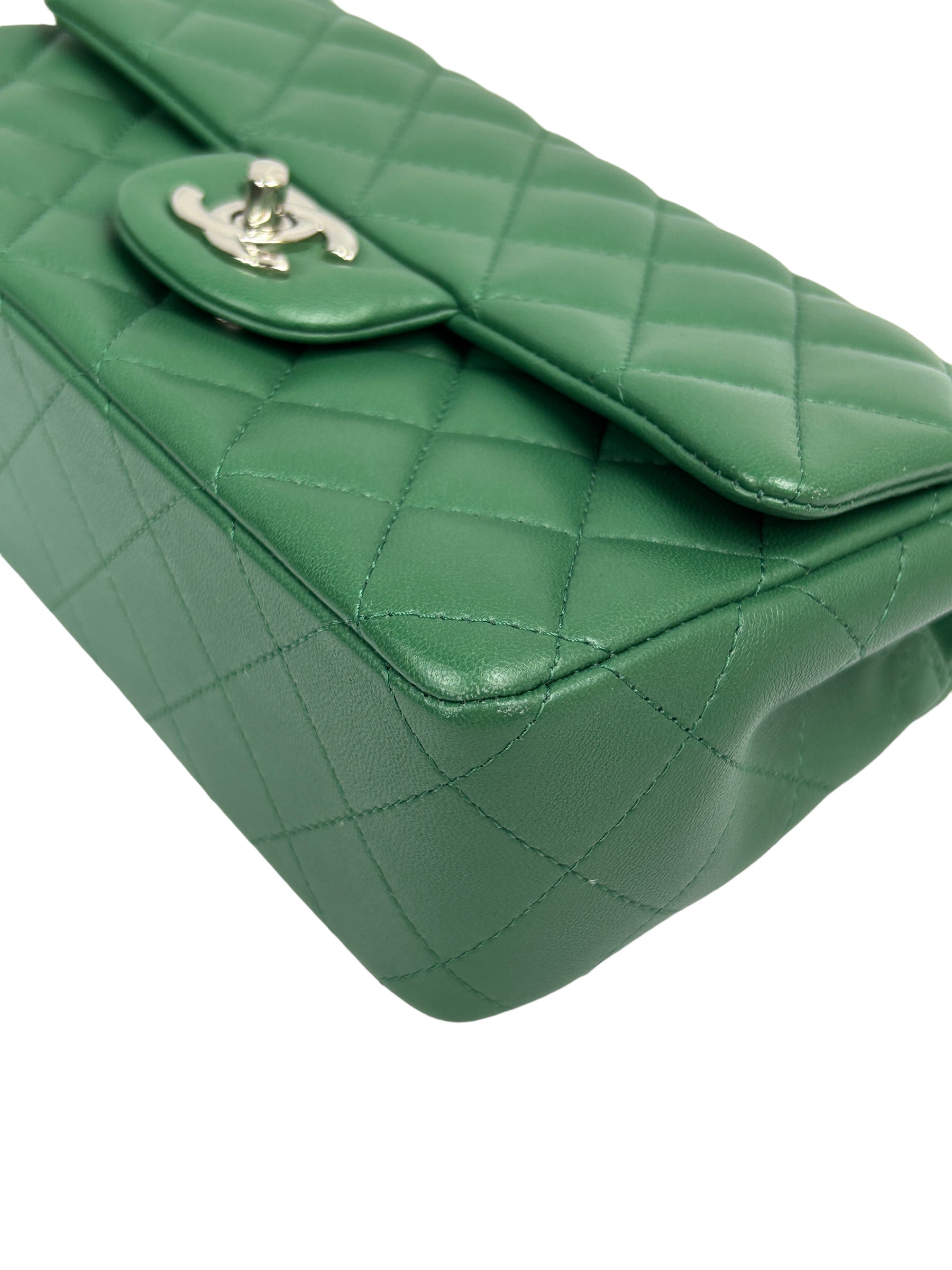 Green Quilted Lambskin Mini Rectangle Classic Flap w/SHW