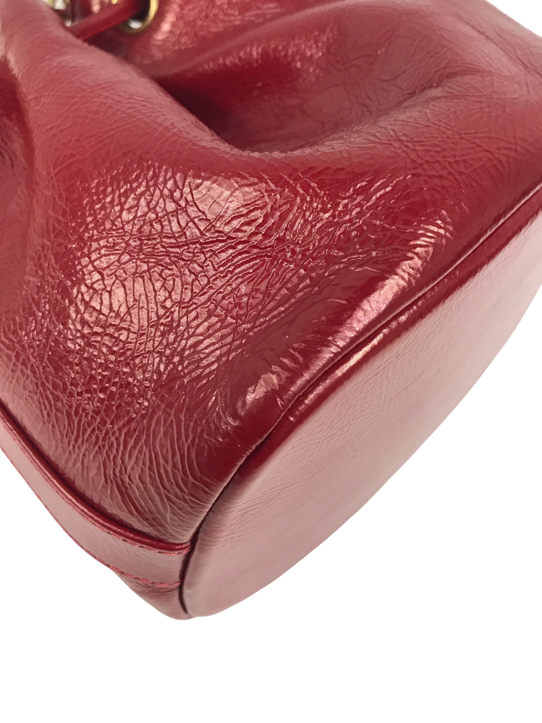 Red Shiny Aged Calfskin Leather Mini Bucket Bag w/AGHW Chain