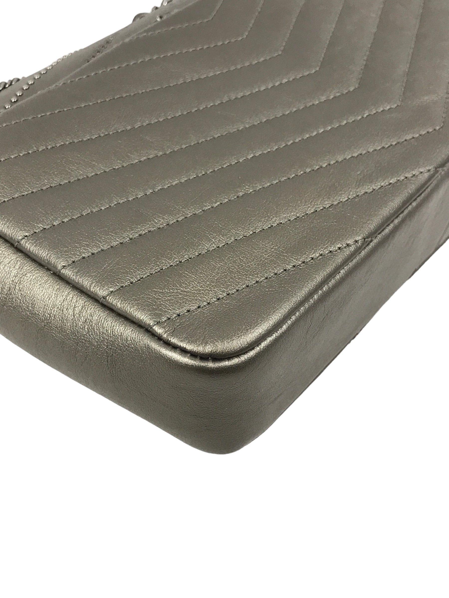 Metallic Grey Calfskin Leather Embellished Chain/Studded Chevron Flap Bag w/SHW