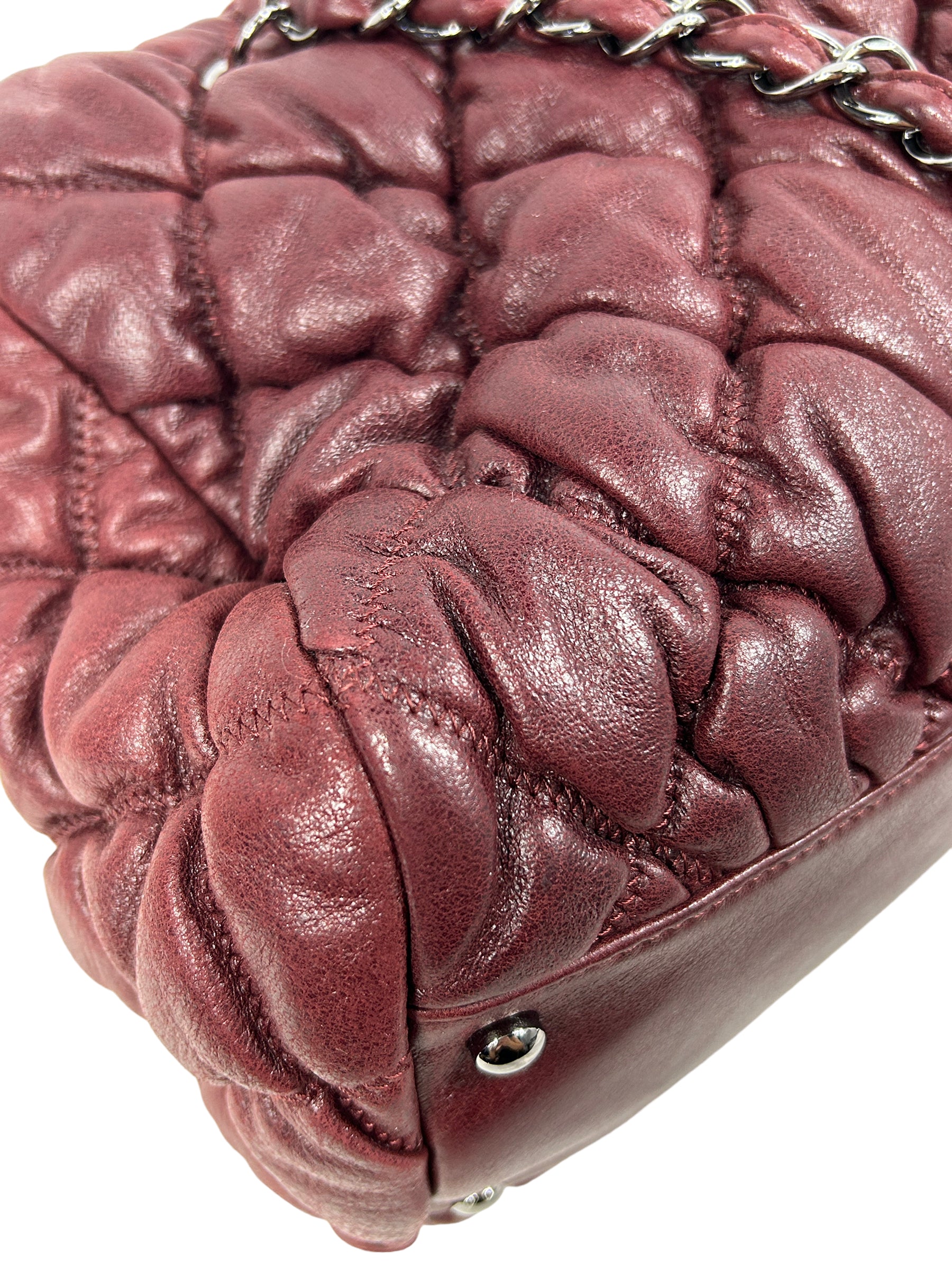 Burgundy Lambskin Leather Bubble Quilted Bowler Bag w/RHW