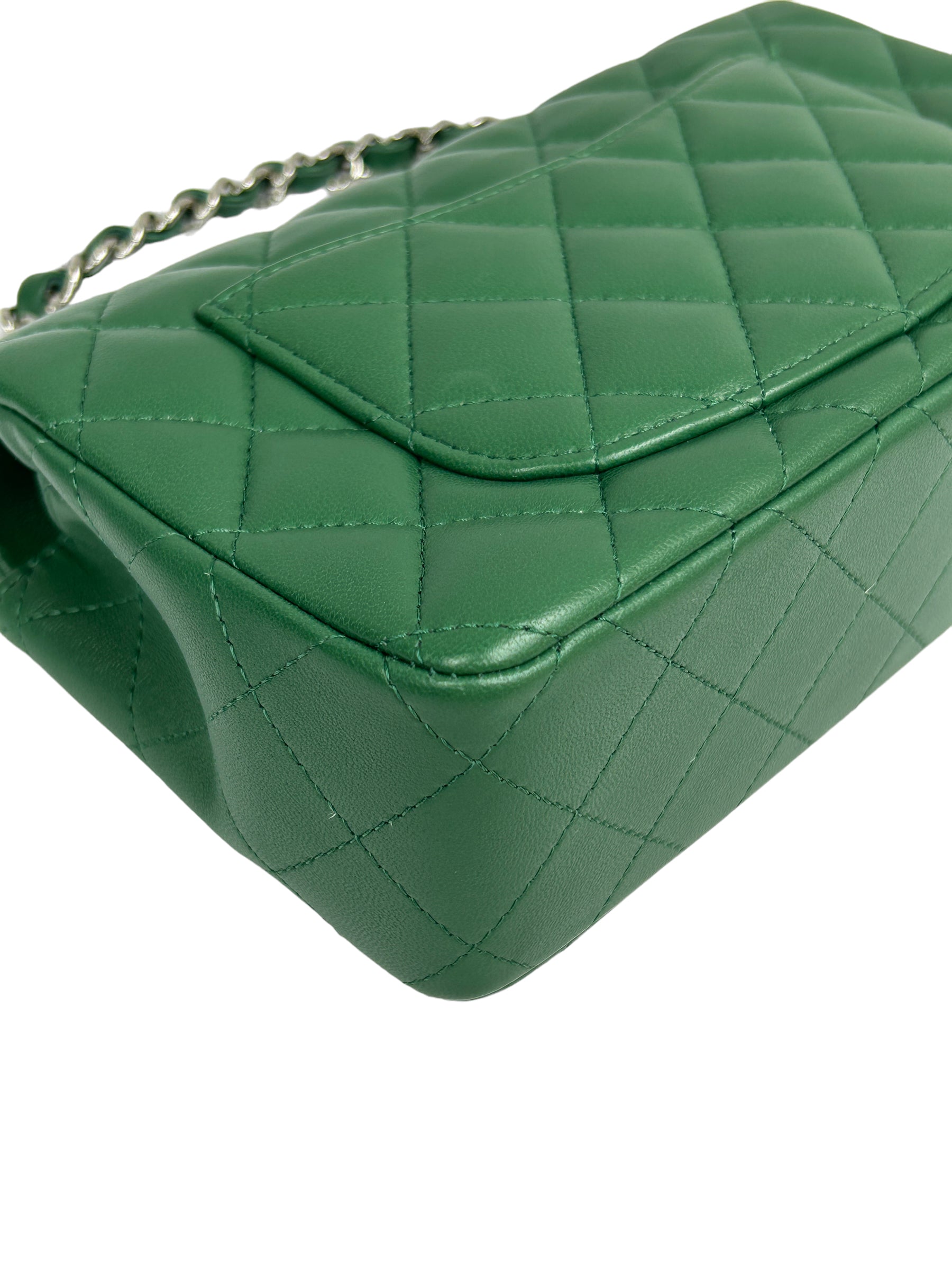 Green Quilted Lambskin Mini Rectangle Classic Flap w/SHW