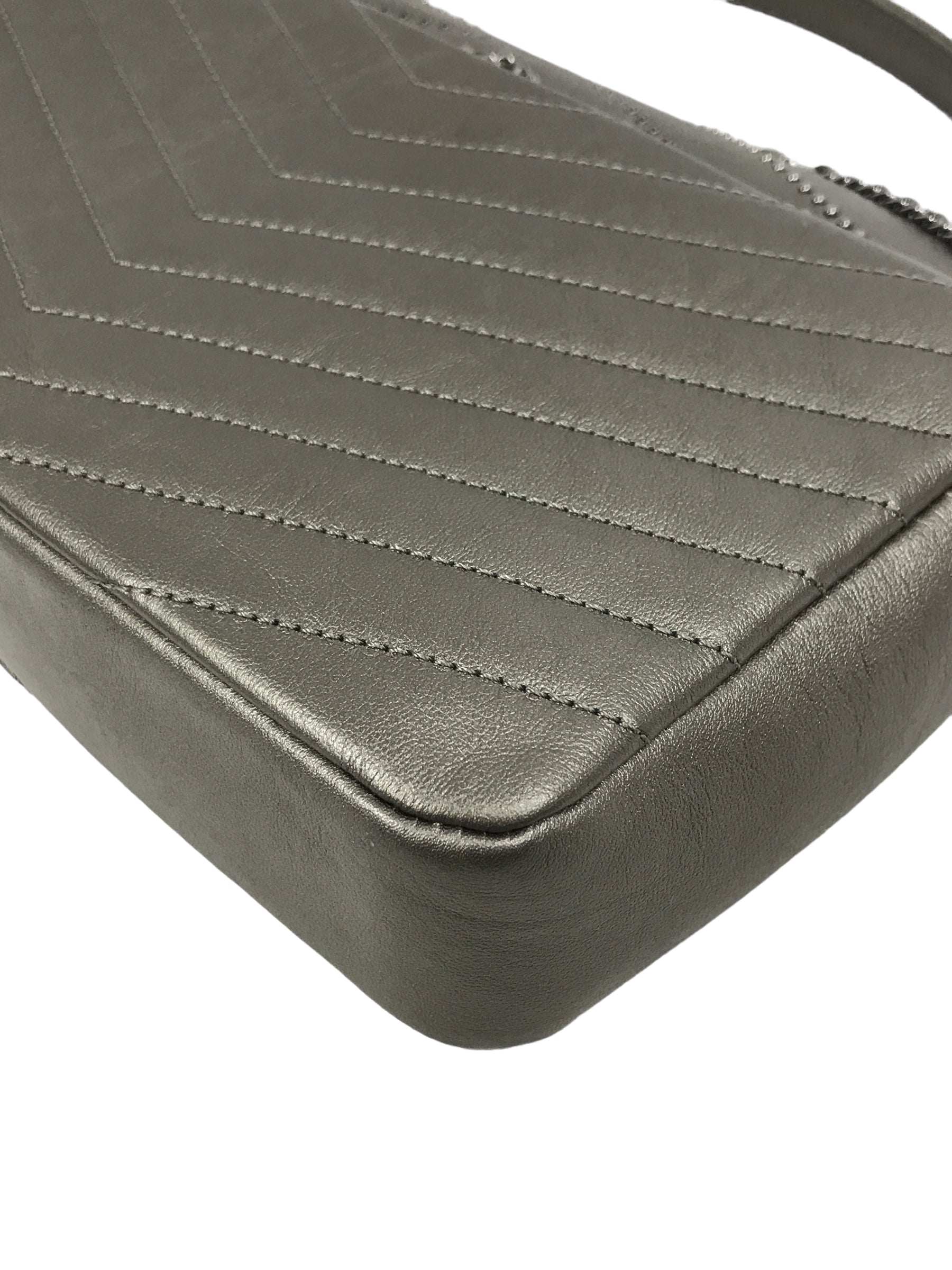 Metallic Grey Calfskin Leather Embellished Chain/Studded Chevron Flap Bag w/SHW