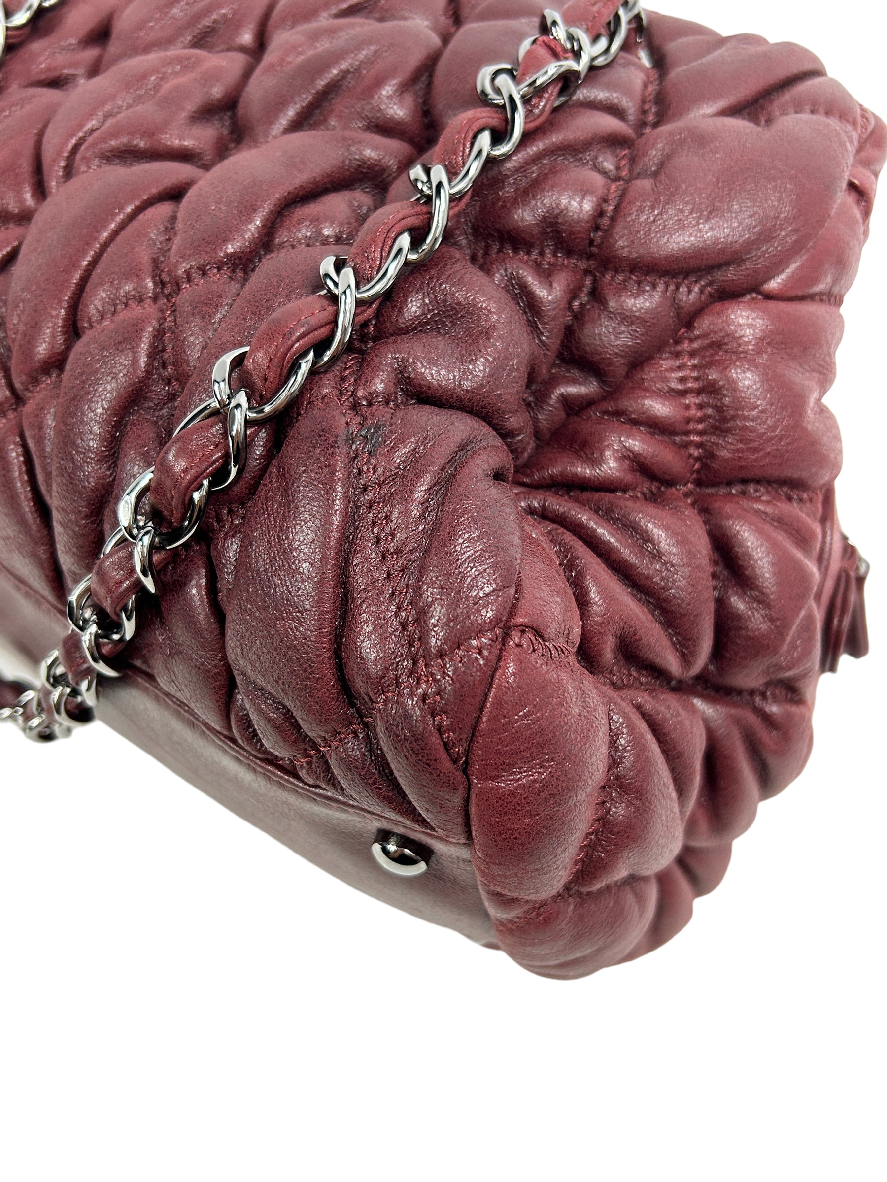 Burgundy Lambskin Leather Bubble Quilted Bowler Bag w/RHW