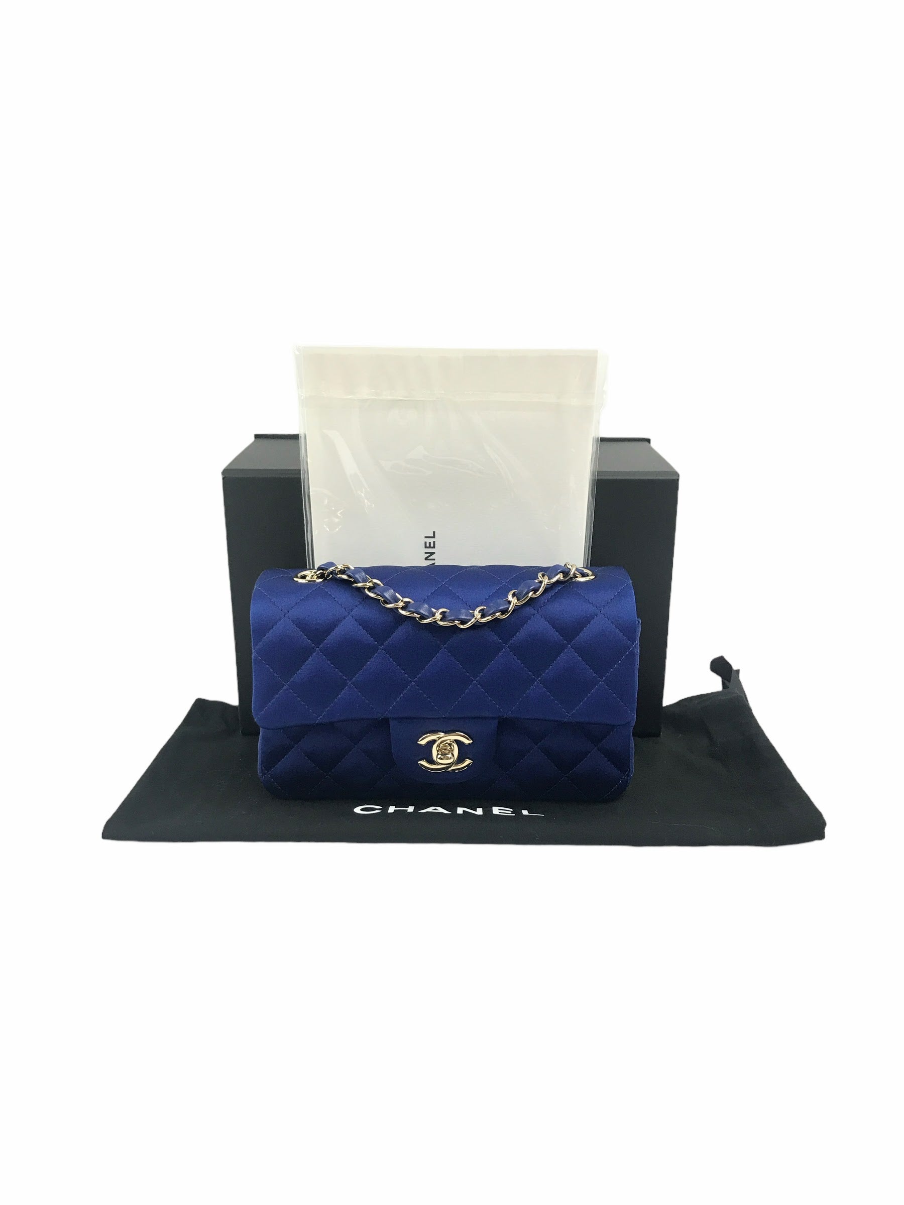 Blue Satin Silk Quilted Single Flap Mini Rectangle w/GHW