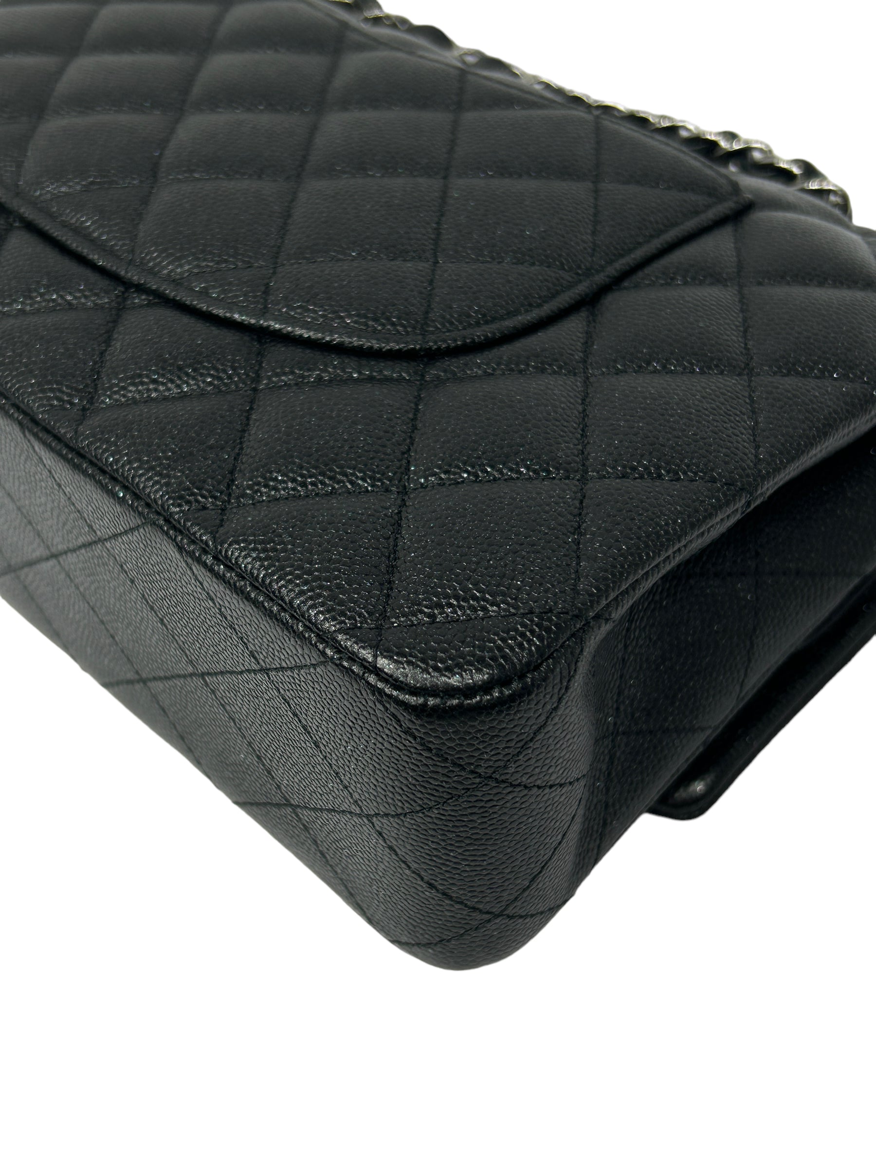 Black Caviar Glitter Quilted Leather Double Classic Flap w/RHW