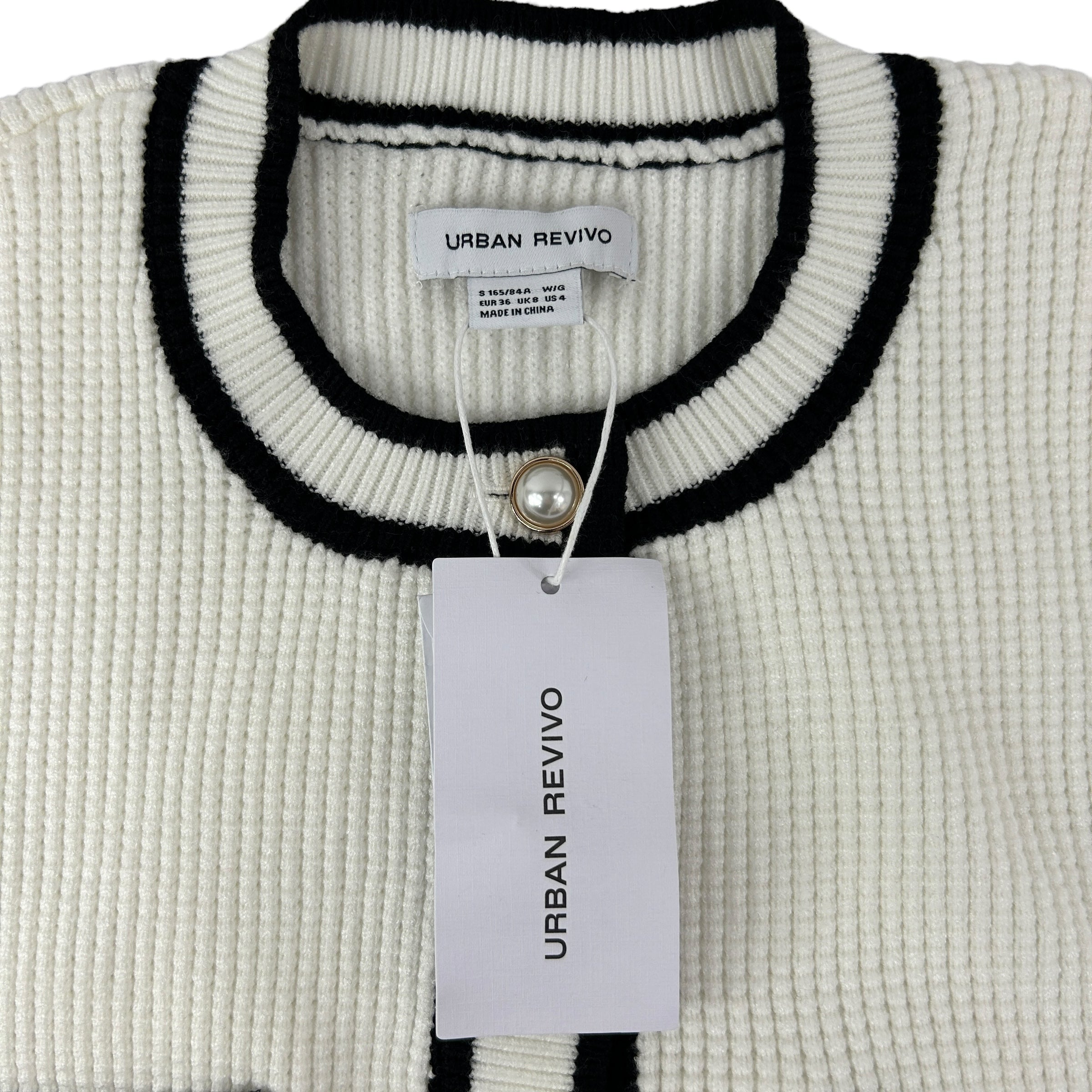 URBAN REVIVO White/Black Cardigan w/Accent Pearl Button