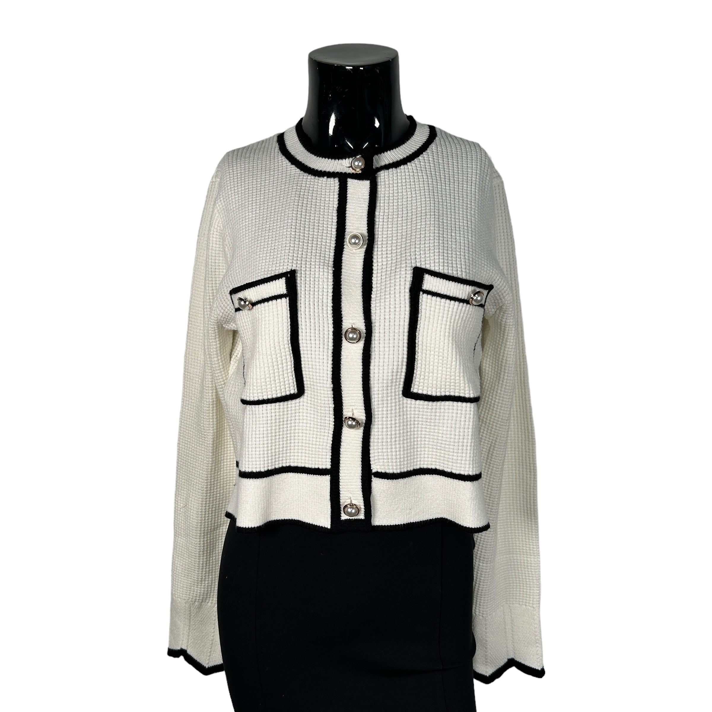 URBAN REVIVO White/Black Cardigan w/Accent Pearl Button