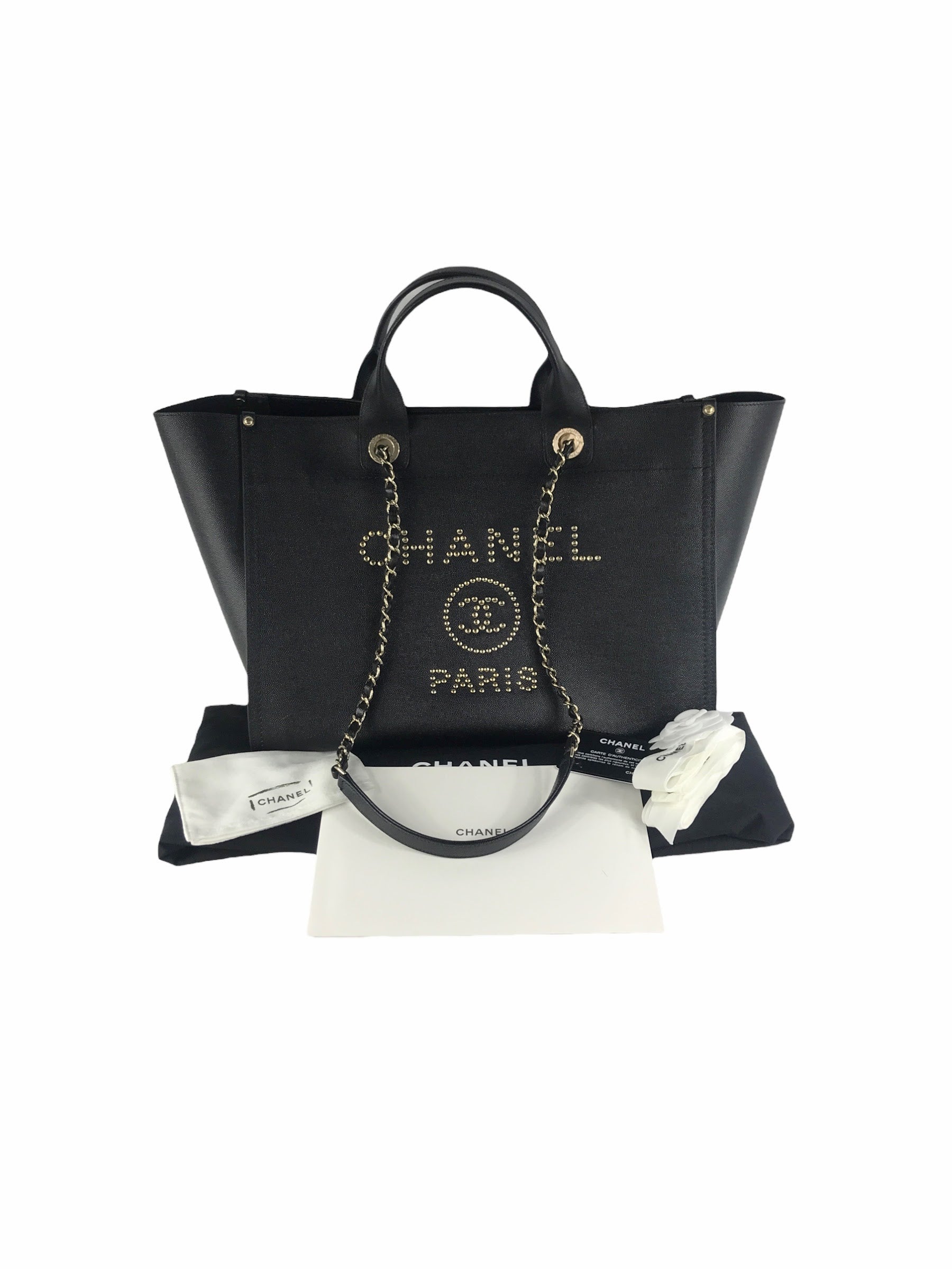 Black Caviar Leather Large Studded Deauville Bag w/GHW