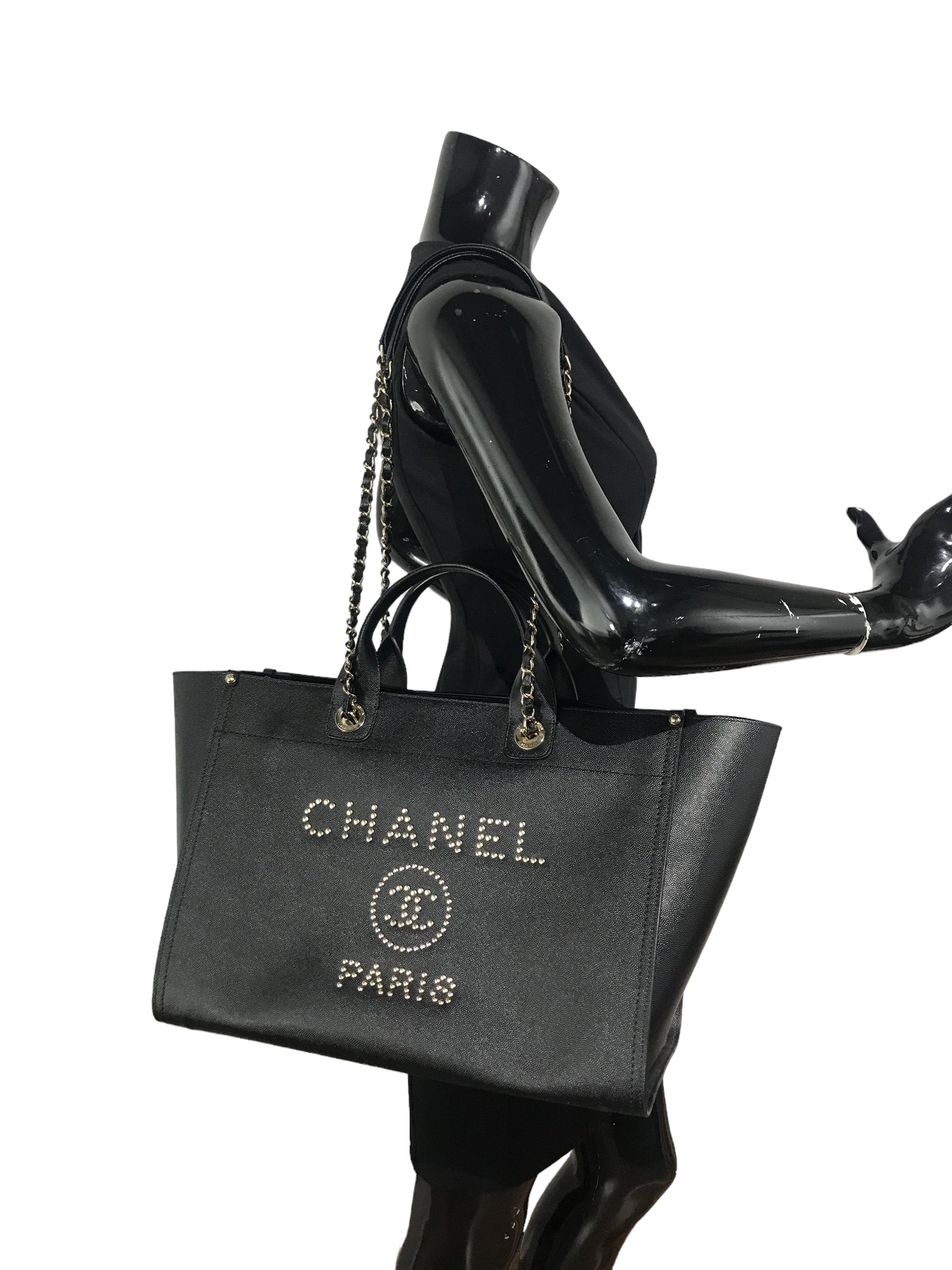 Black Caviar Leather Large Studded Deauville Bag w/GHW