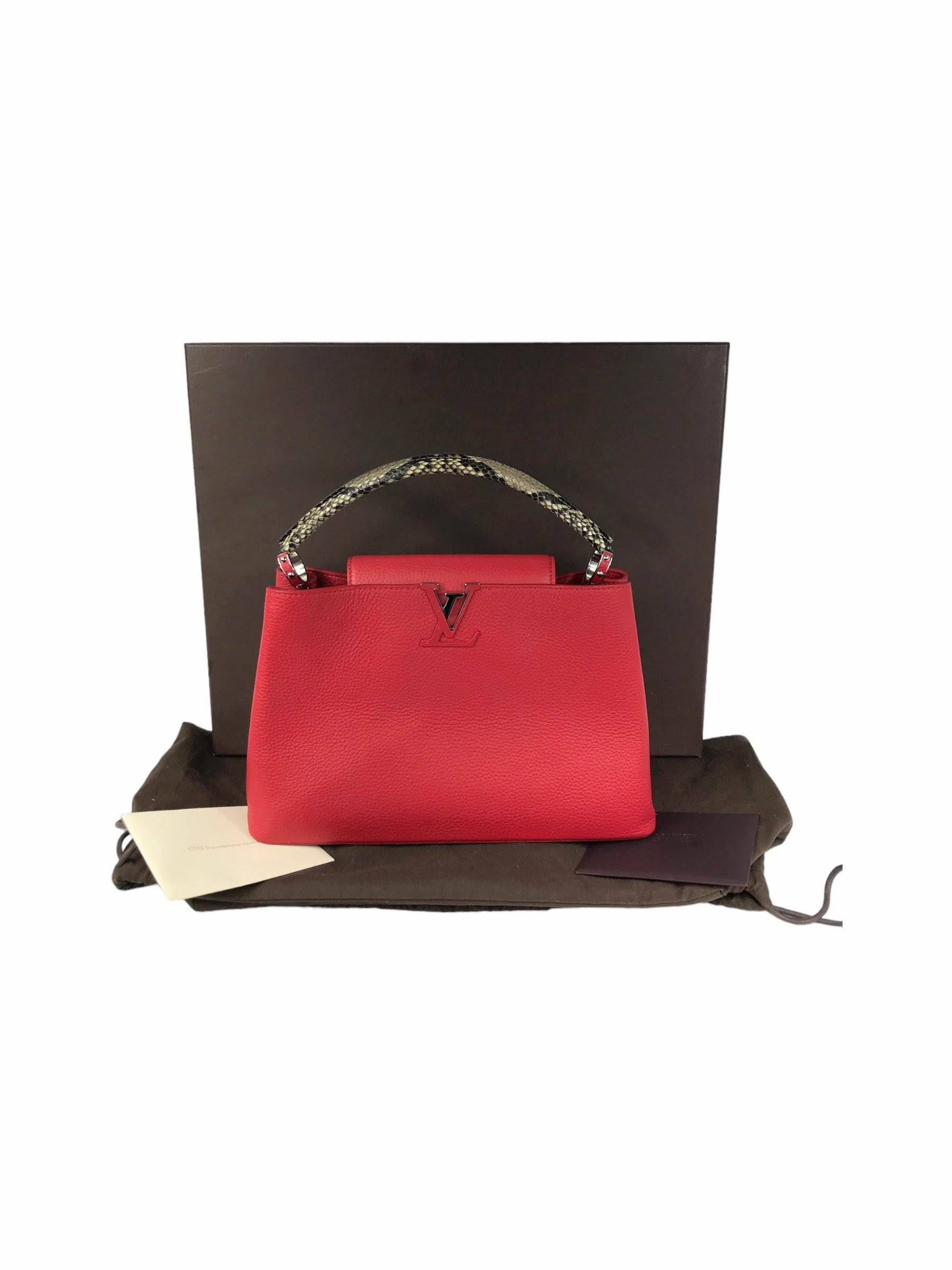 Red Grained Leather Capucines MM W/Python Handle