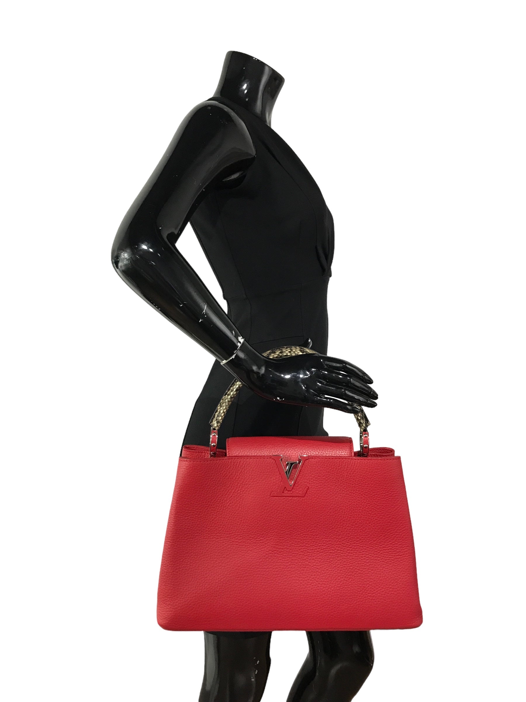Red Grained Leather Capucines MM W/Python Handle