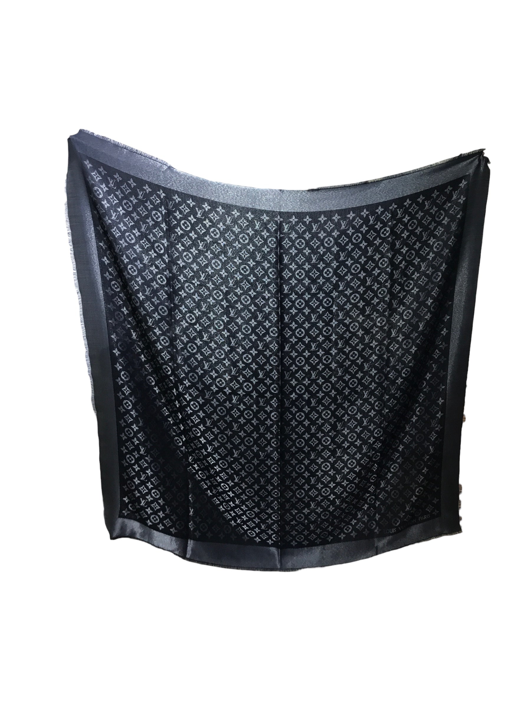 Black Metallic Silver Monogram Silk/Wool Shawl