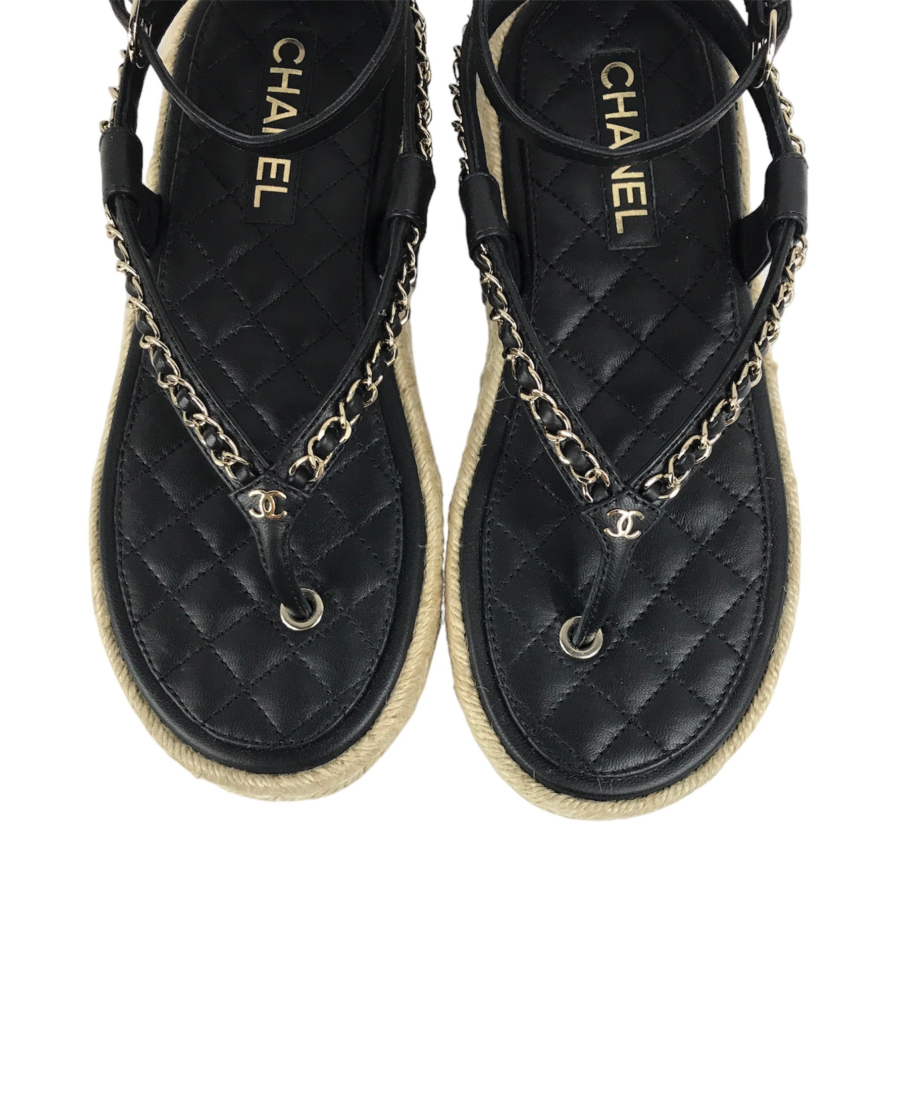 Black Lambskin w/ accent Chain Espadrille Sandals w/GHW