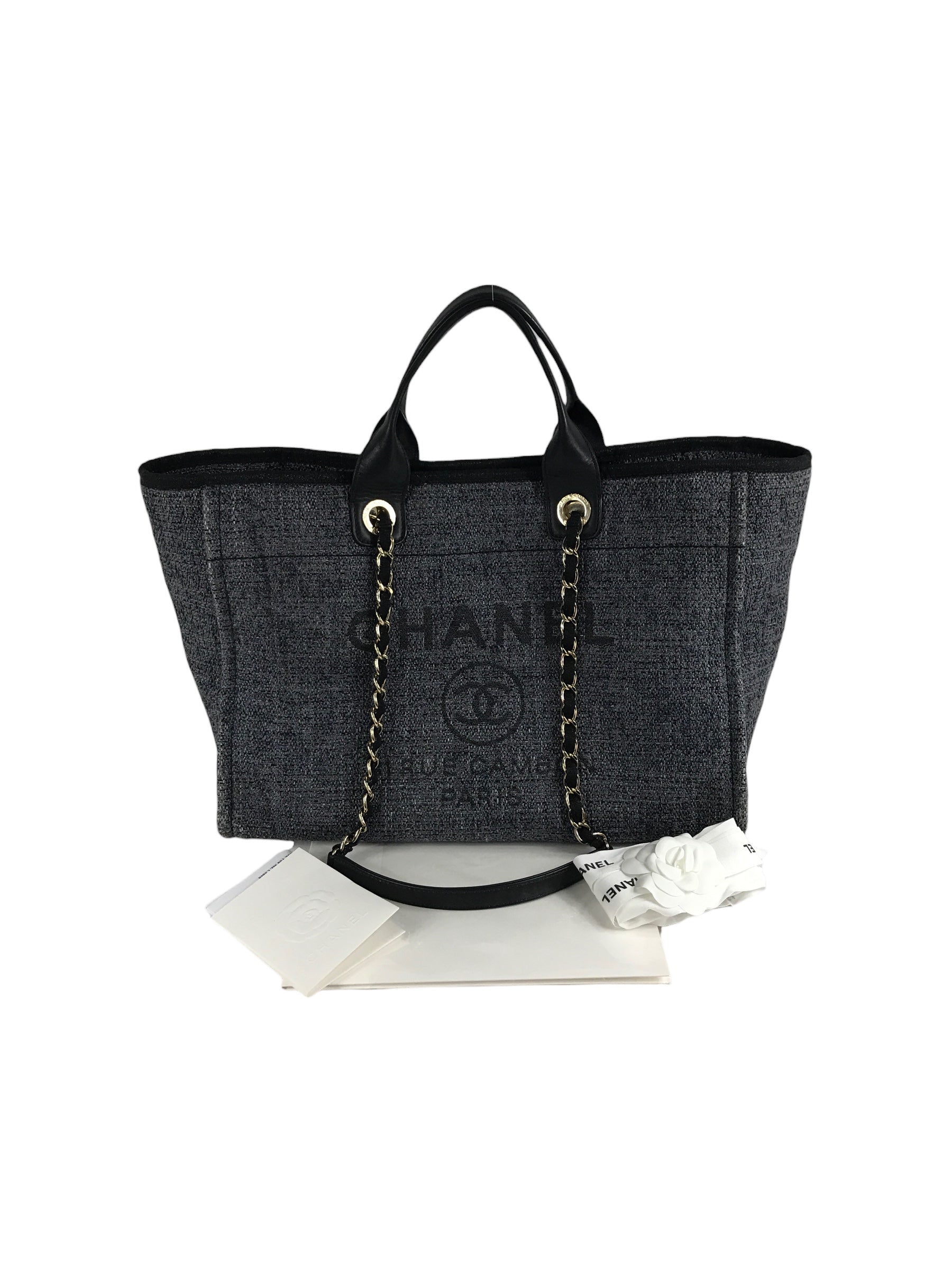 Black/Greyish Blue Small Tweed Raffia Deauville Tote w/GHW