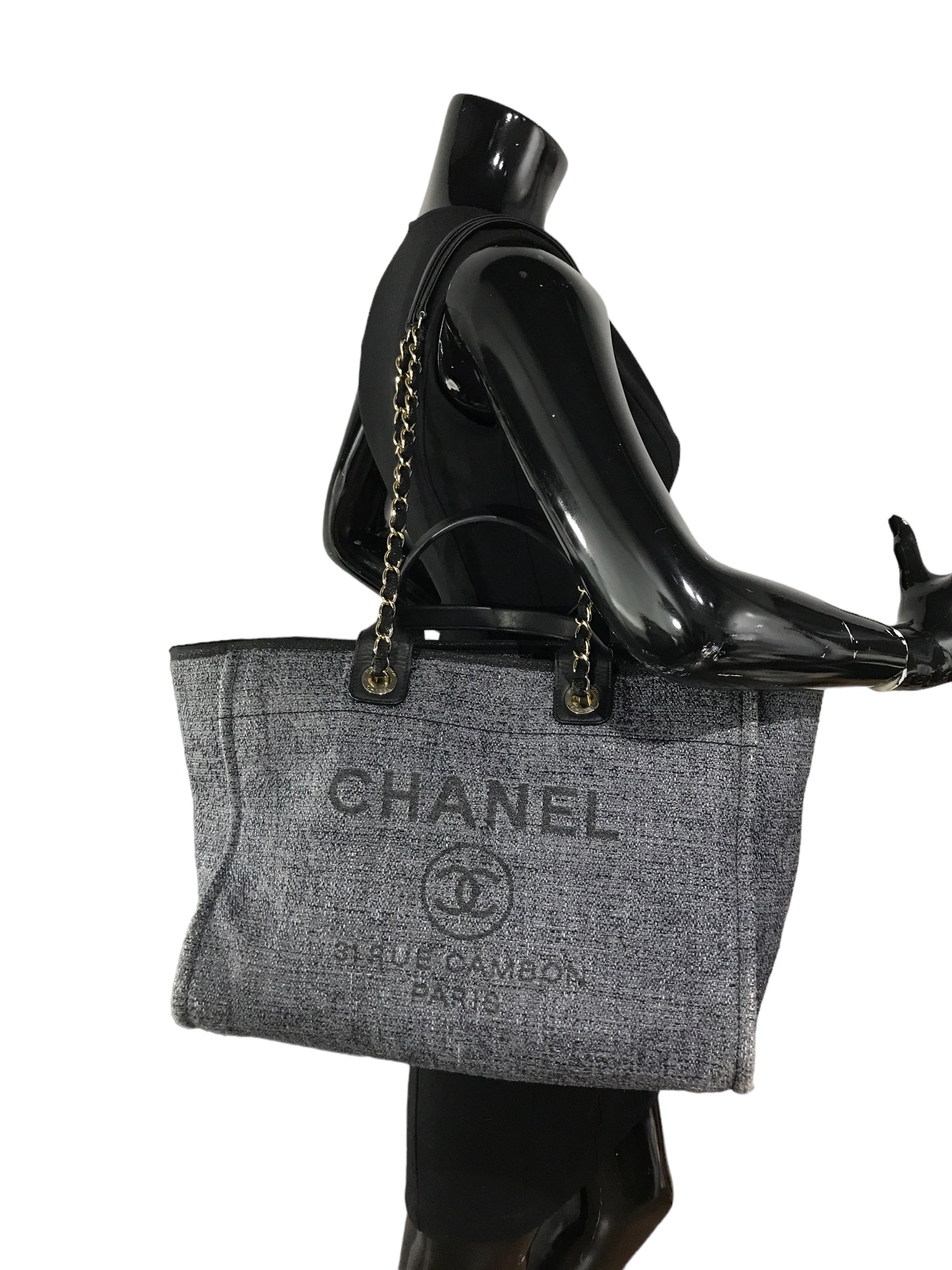 Black/Greyish Blue Small Tweed Raffia Deauville Tote w/GHW