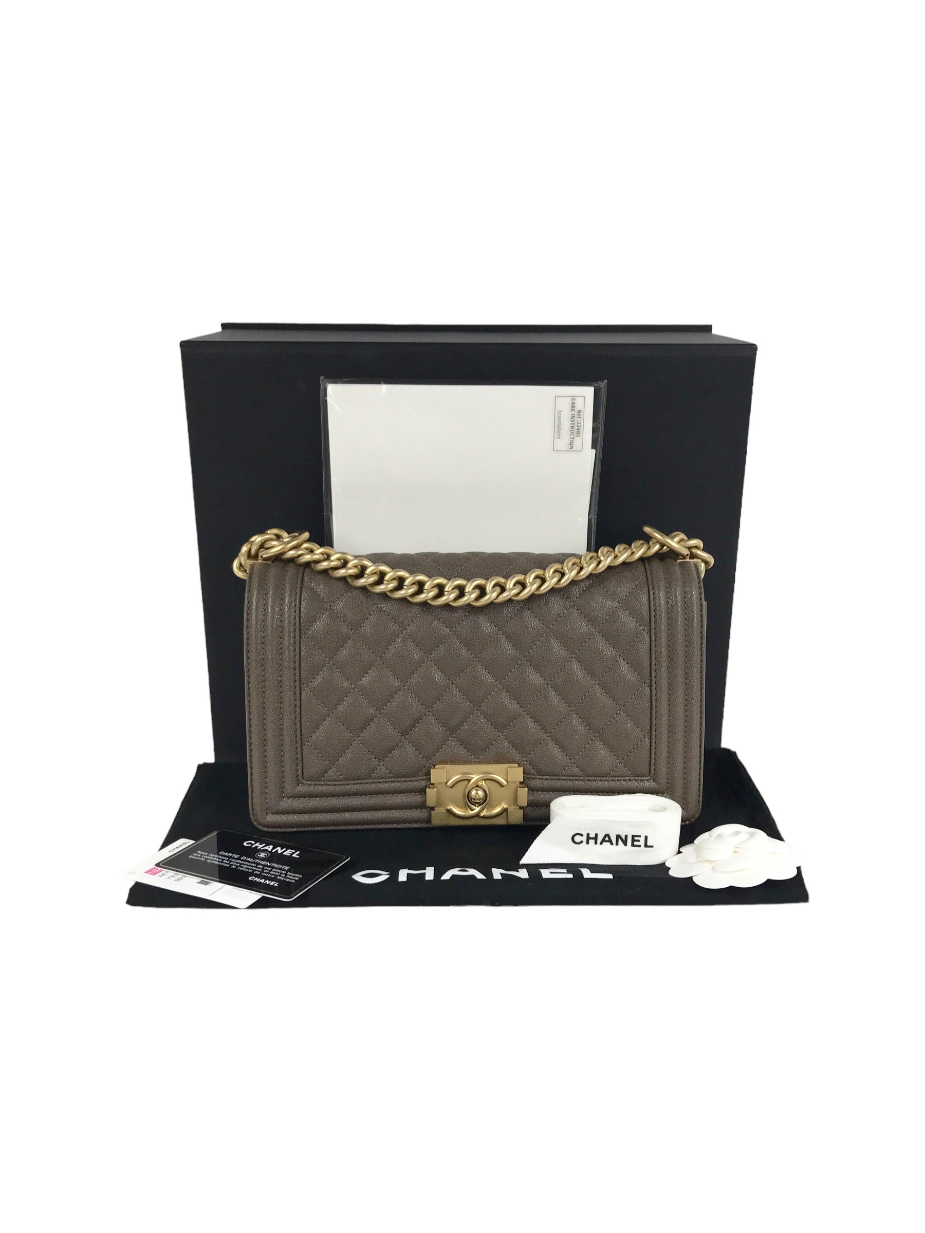 Khaki Caviar Quilted Old Medium Boy Flap Bag w/AGHW- PENDING