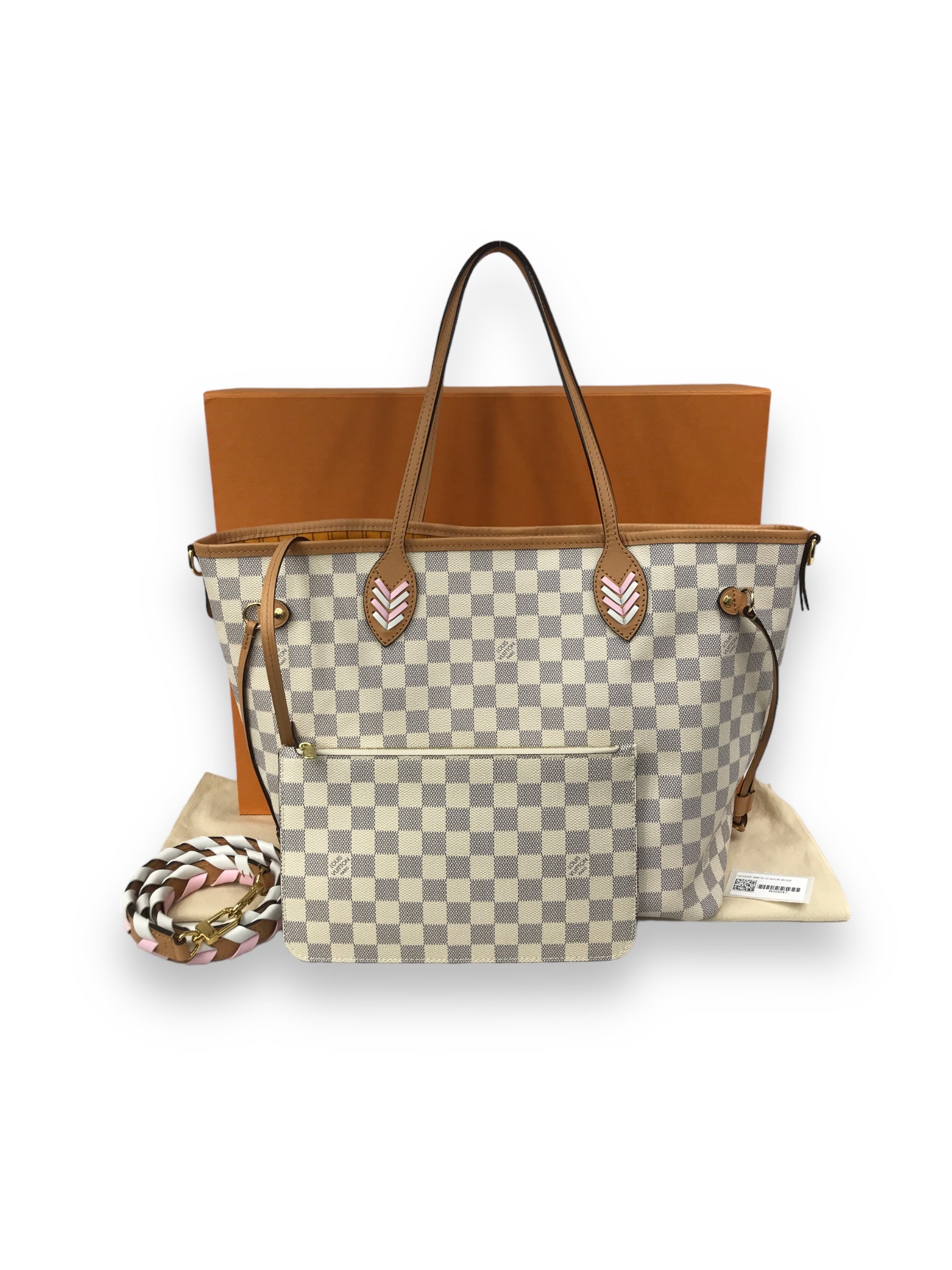 Monogram Coated Canvas Damier Azur Braided Rose Neverfull MM w/GHW