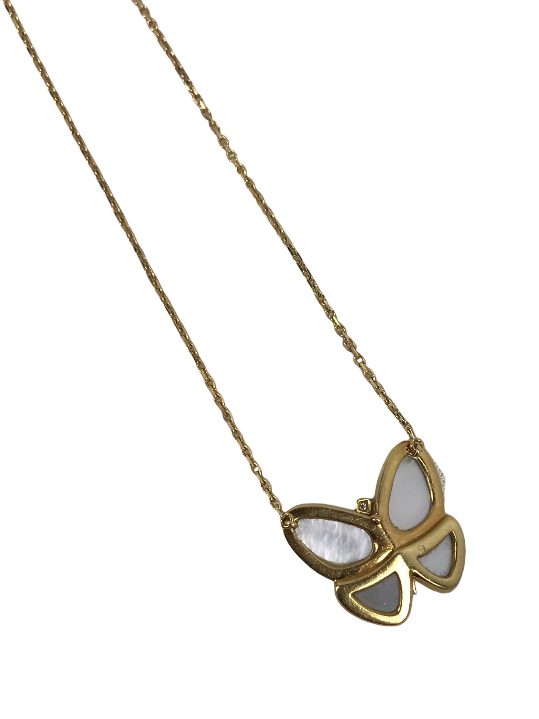 Mother of Pearl & Diamond 18K Gold Fly & Flutter Butterfly Pendant Necklace