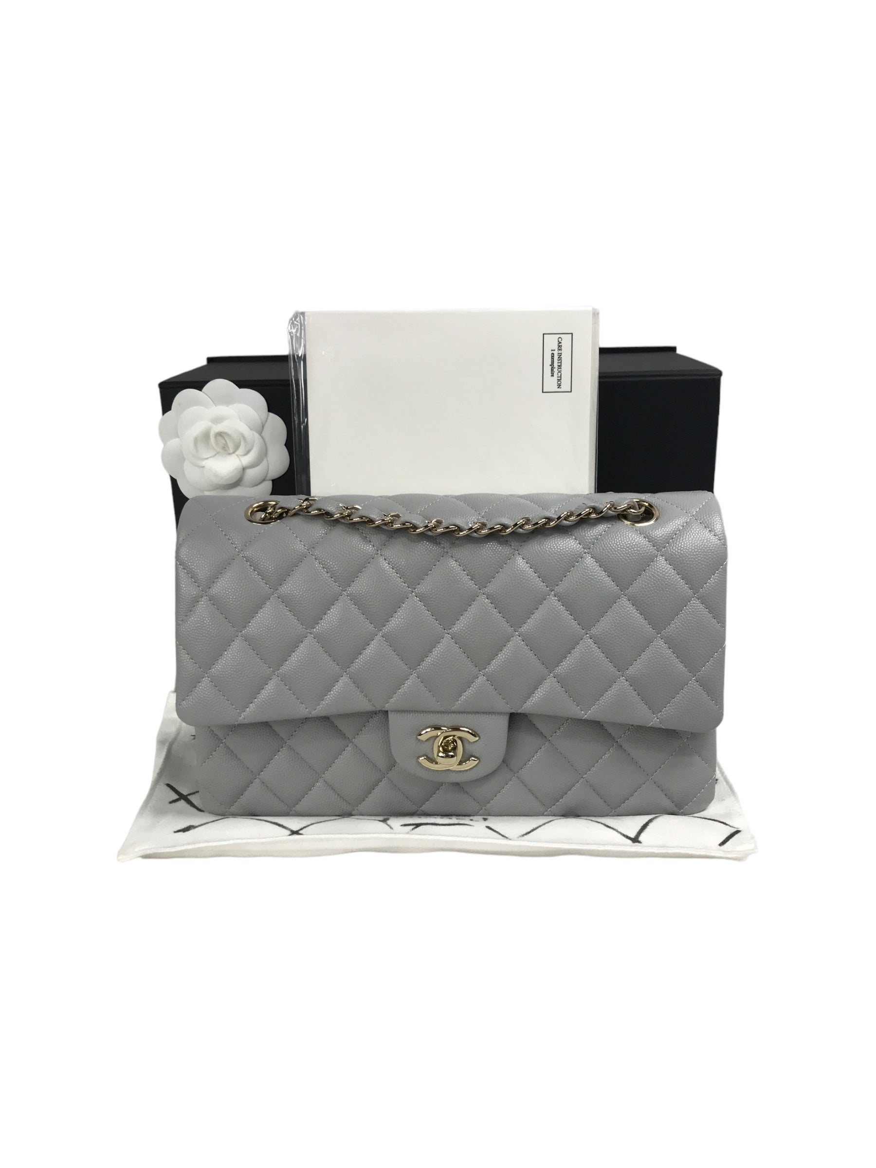 Dove Grey Quilted Caviar Leather Double Flap Medium w/GHW