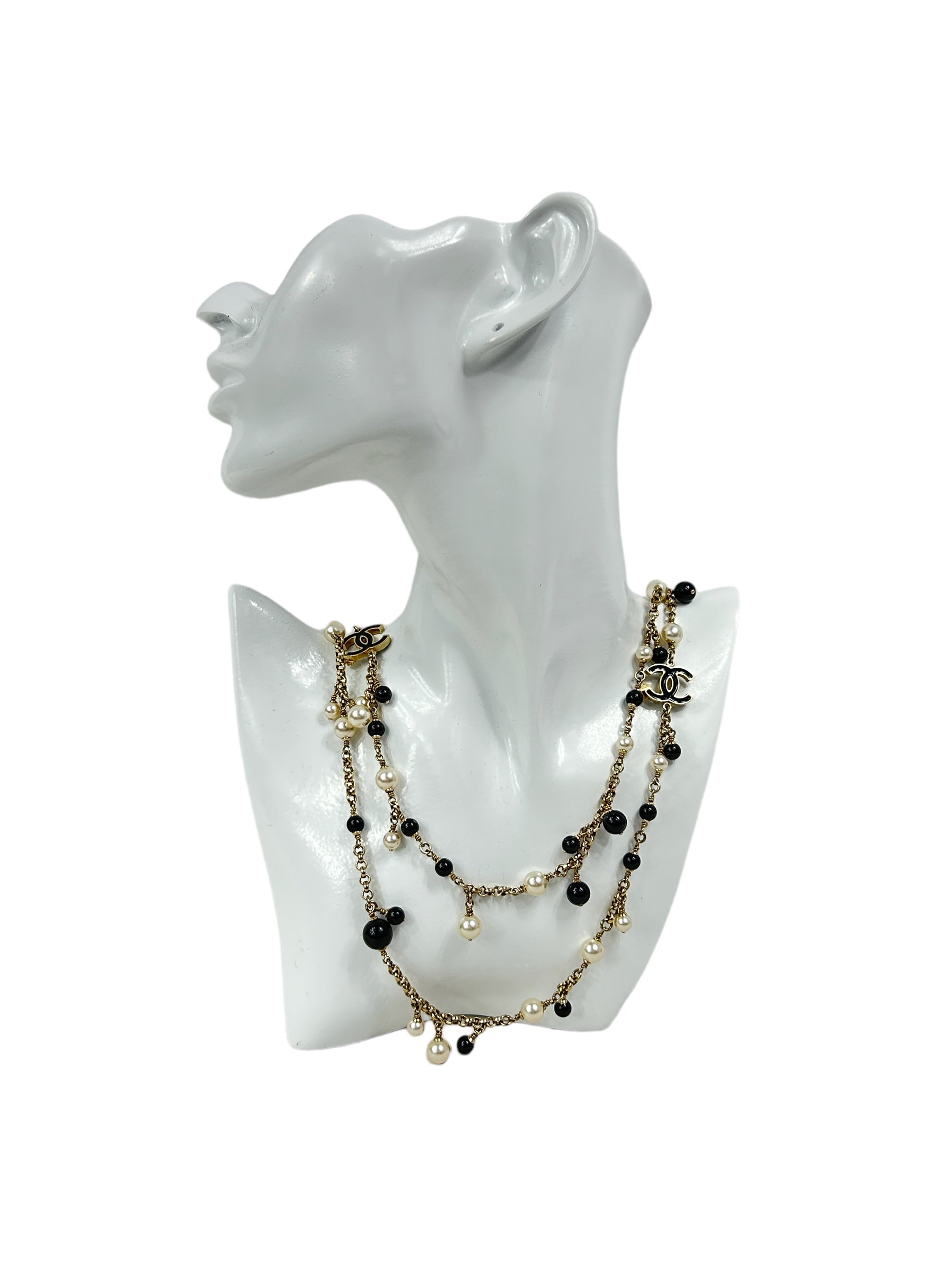 Costume Pearl/Black Enamel and CC Clover Gold Necklace