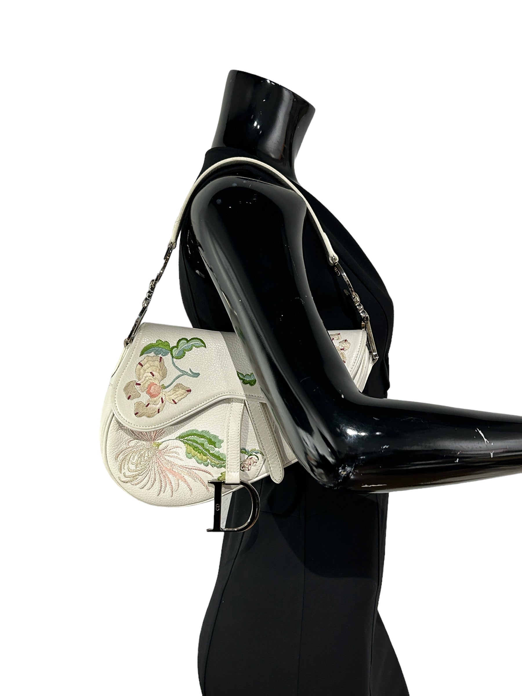 White Grained Calfskin Embroidered Romantic Flowers Saddle Bag w/SHW