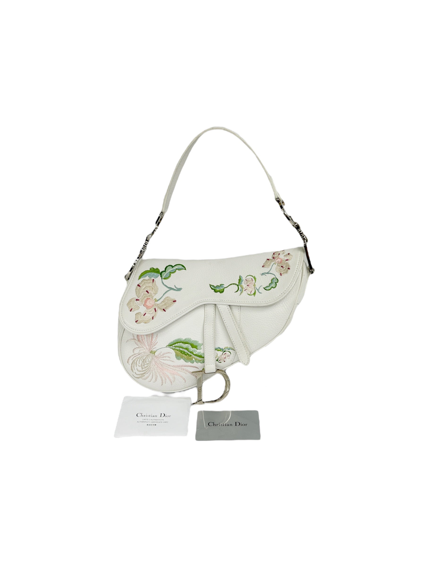 White Grained Calfskin Embroidered Romantic Flowers Saddle Bag w/SHW