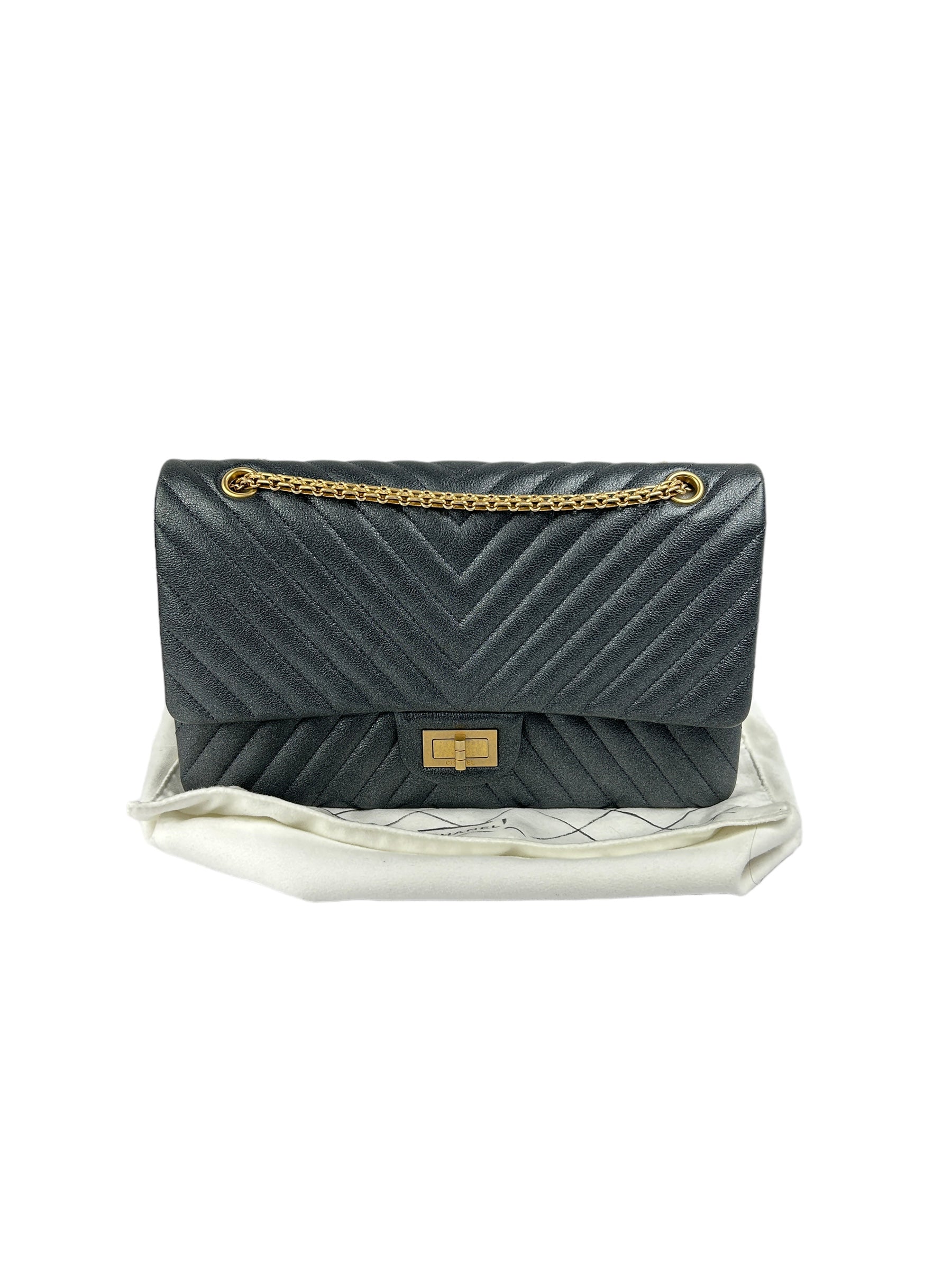 227 Timeless Reissue Mademoiselle Metallic Dark Grey Sheepskin Grained Double Flap Bag w/MAGHW