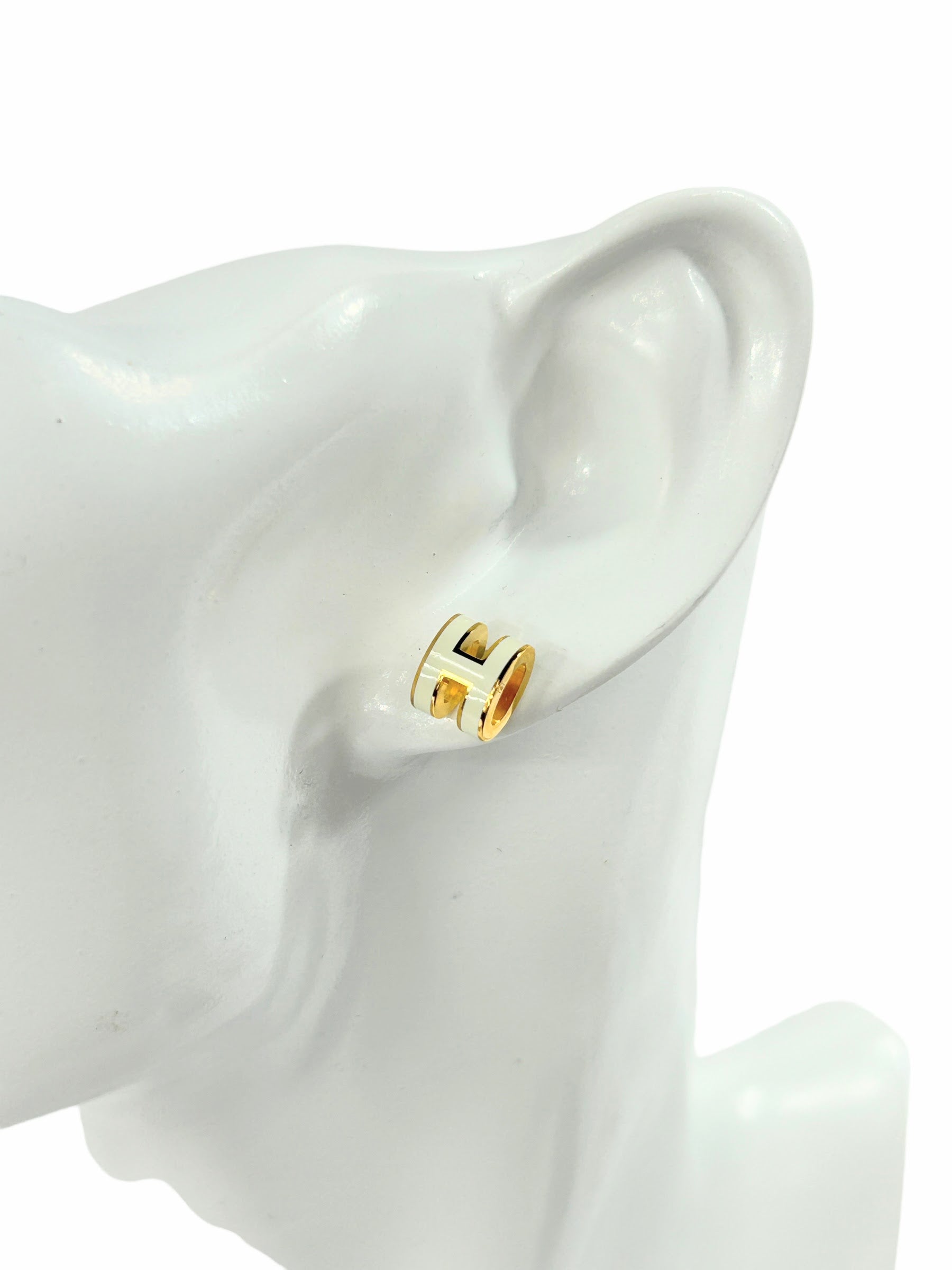 Mini White Enamel H Pop Earrings w/GHW