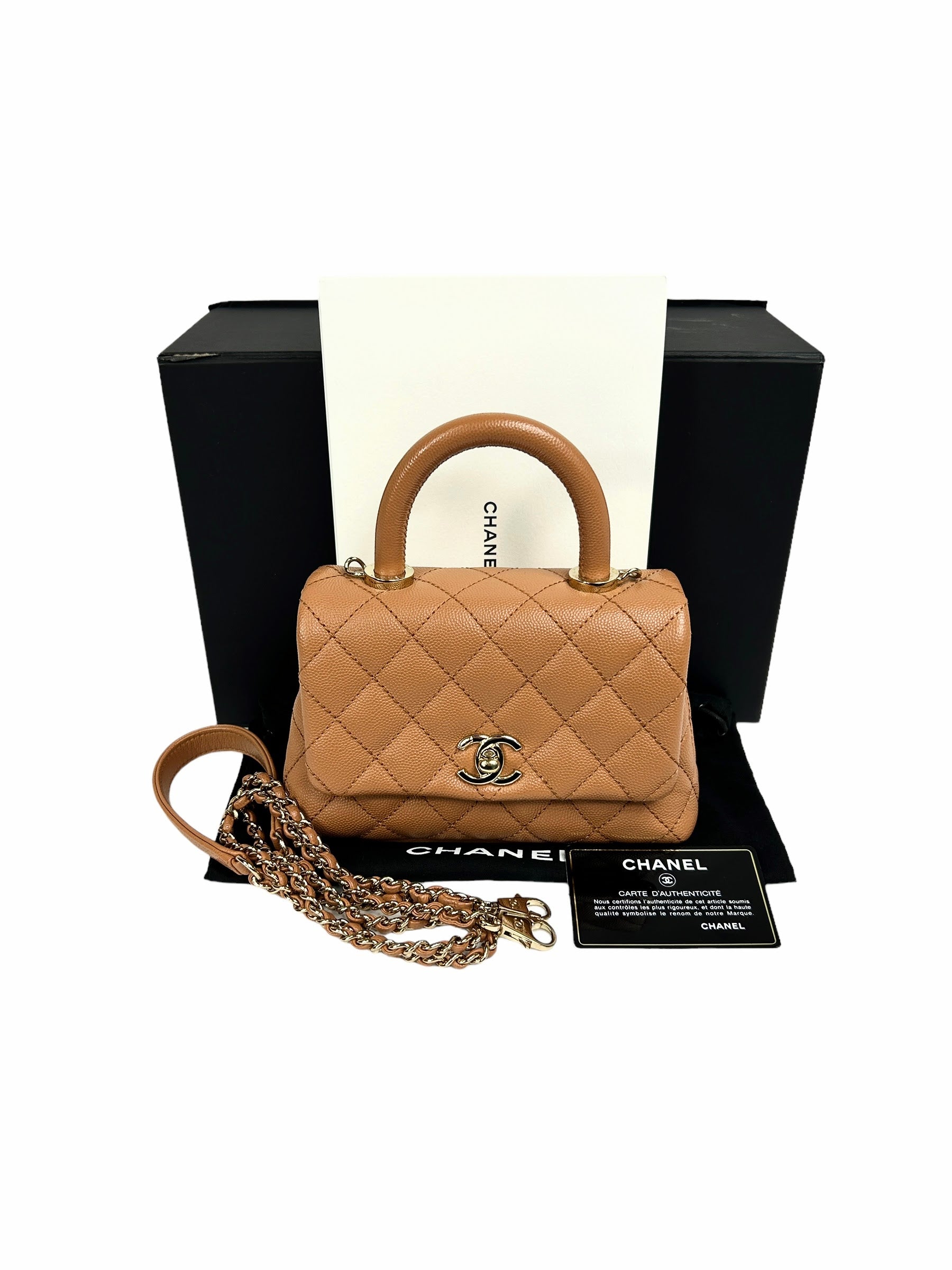 Caviar Camel Quilted Extra Mini Coco Handle w/LGHW