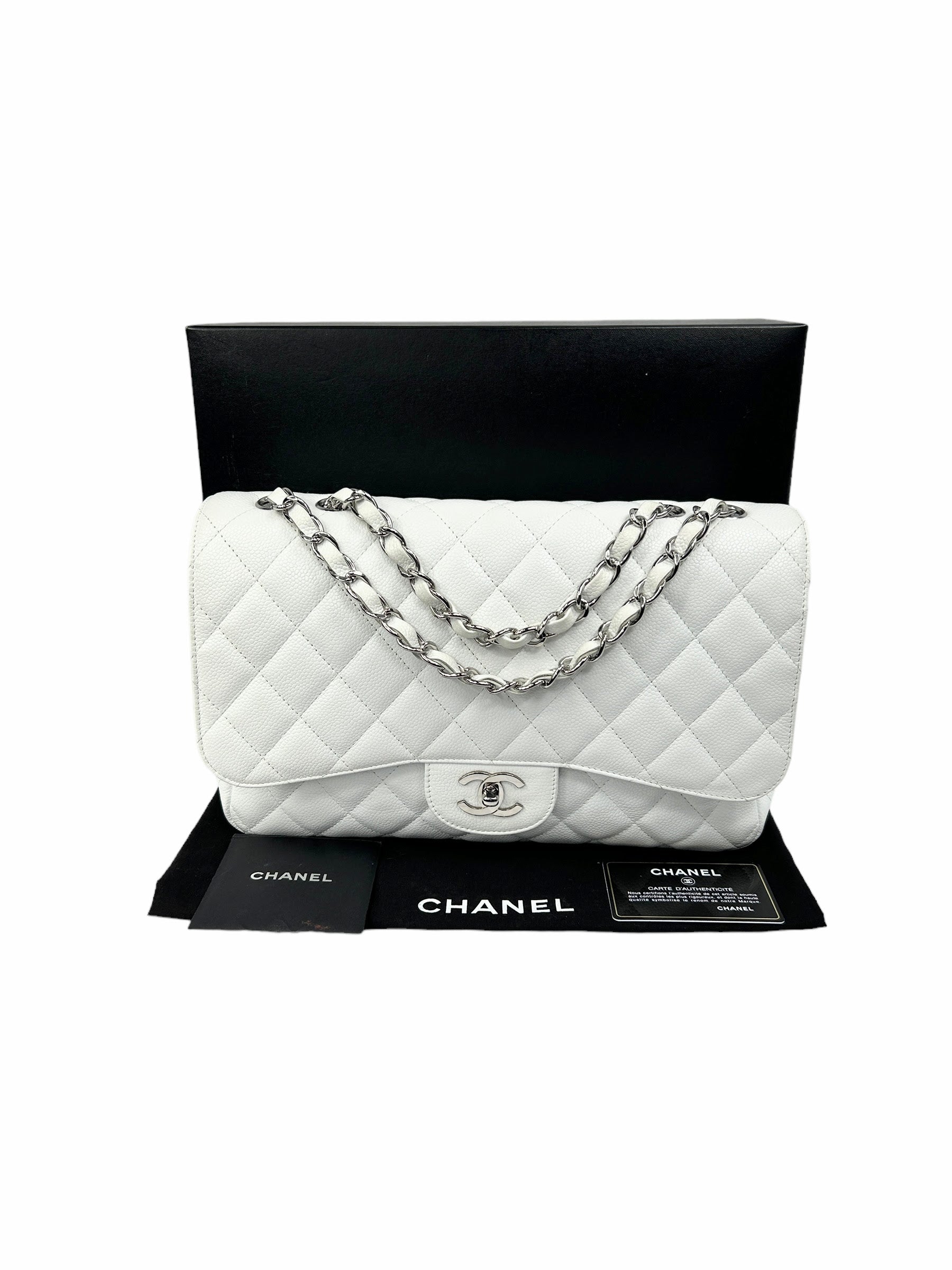 White Caviar Quilted Jumbo Single Flap Bag W/SHW