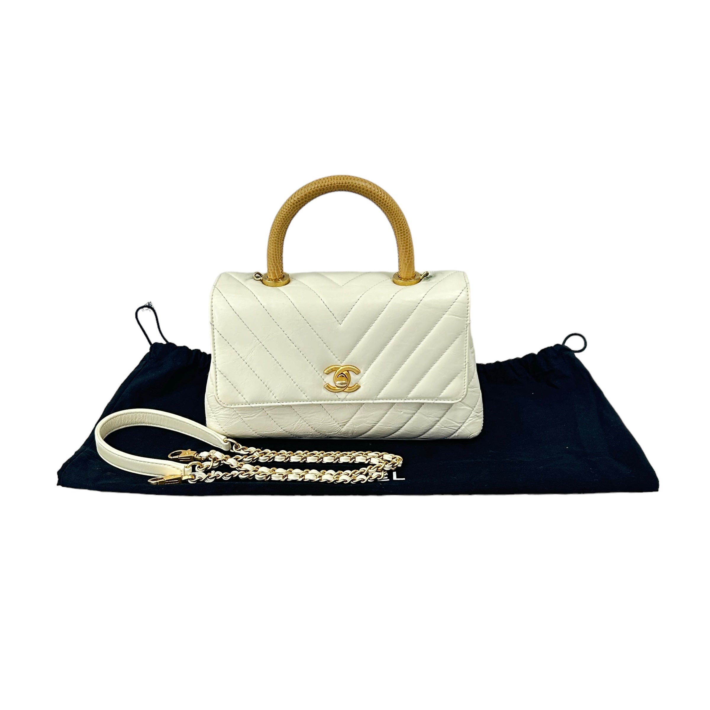 White Chevron Crinkled Calfskin Beige Lizard Mini Coco Handle W/AGHW