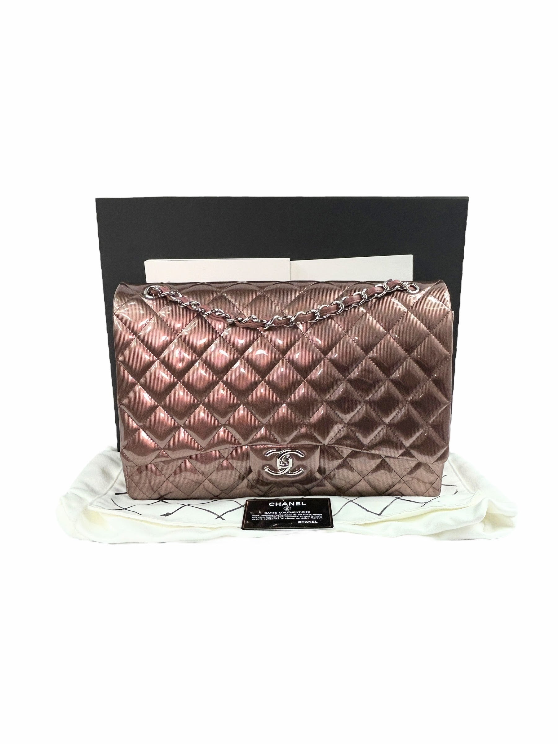 Rose Gold Stripped Patent Maxi Double Flap W/SHW