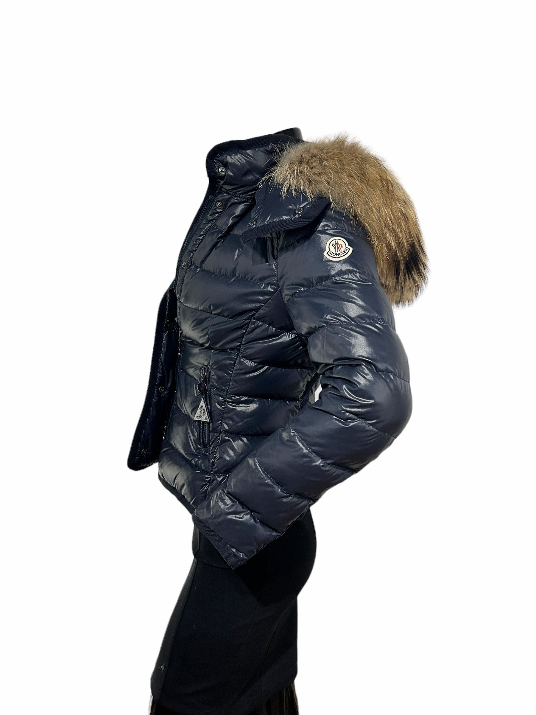 Navy Down Puffer Jacket W Fox Trim Hood