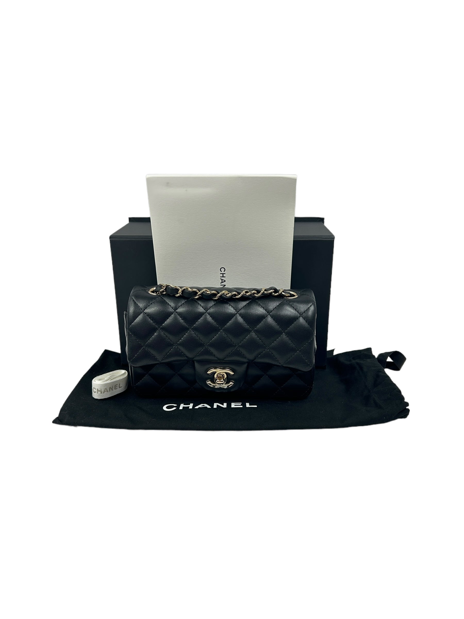 Black Lambskin Quilted Single Mini Rectangle Flap Bag w/ LGHW