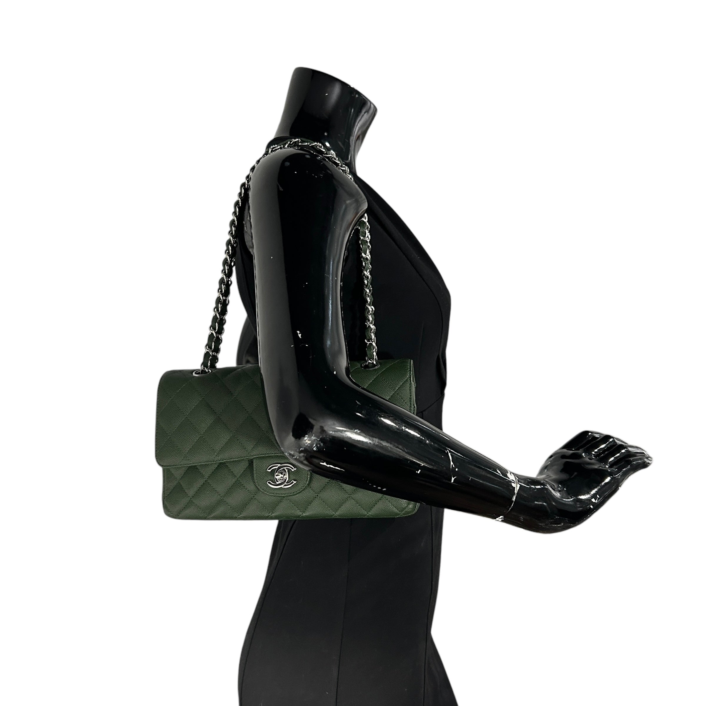 Olive Green Caviar Quilted Medium Classic Double Flap w/SHW