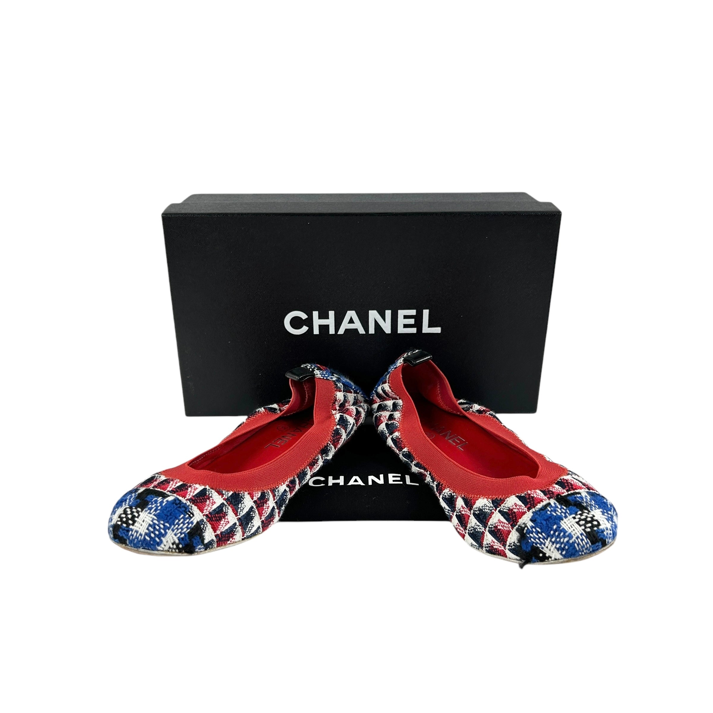 Blue/Red/White/Black Tweed Elastic Heel Ballet Flats