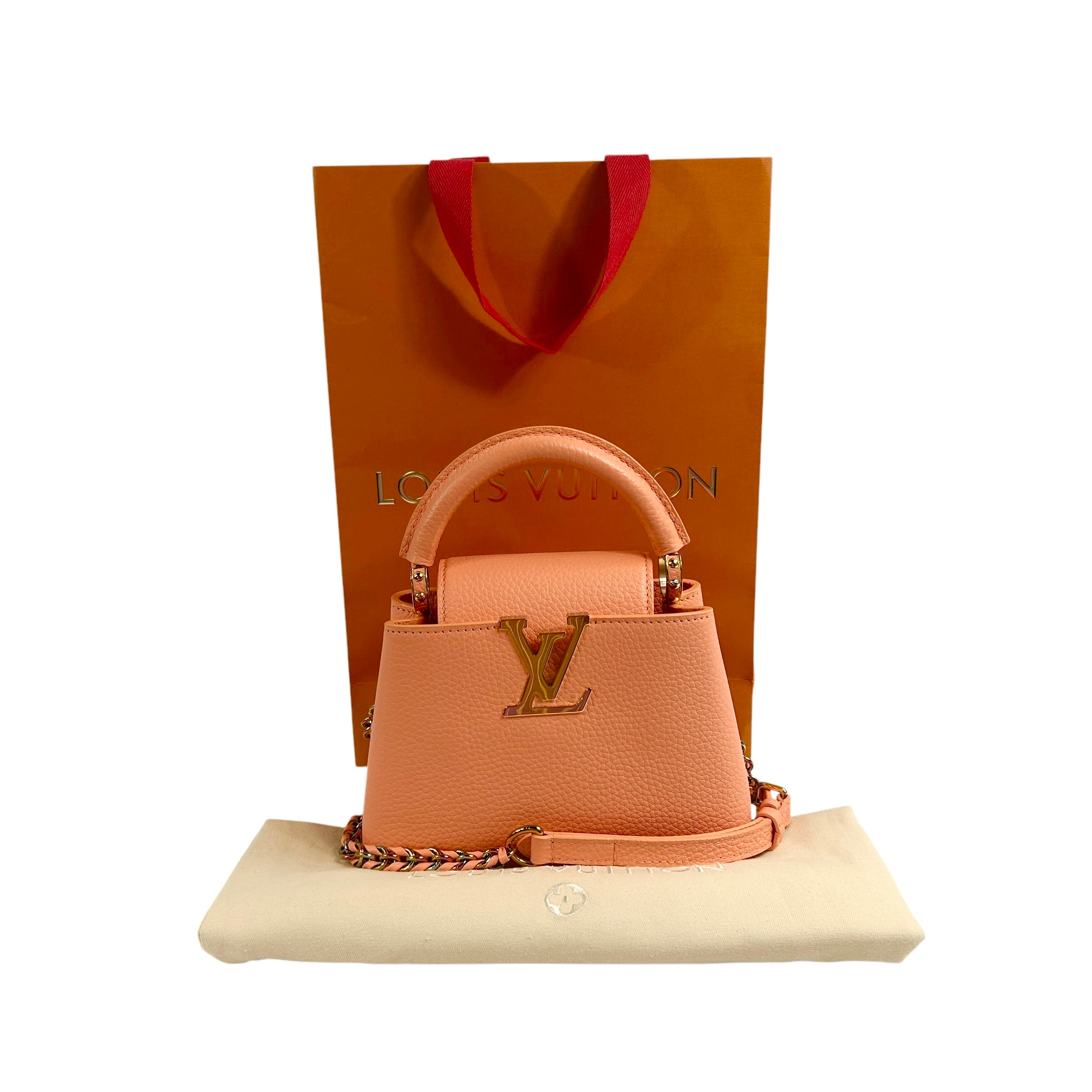 Apricot Taurillon Capucines Mini w/Intertwined Rainbow Chain Strap