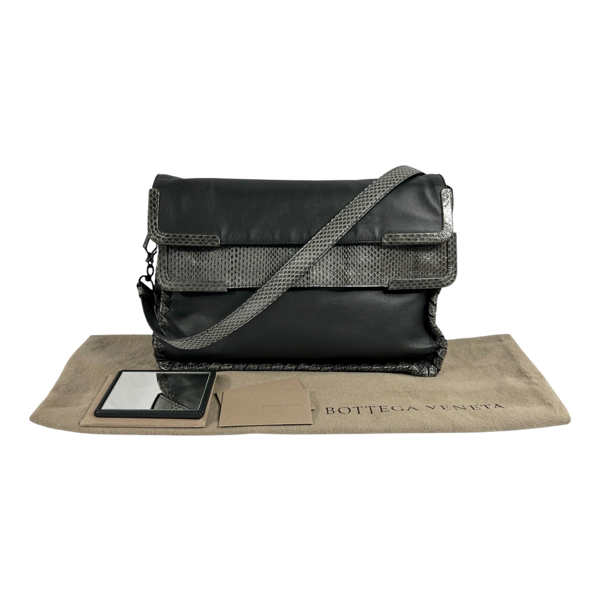 Gray Lambskin / Snakeskin Detail Foldover Bag