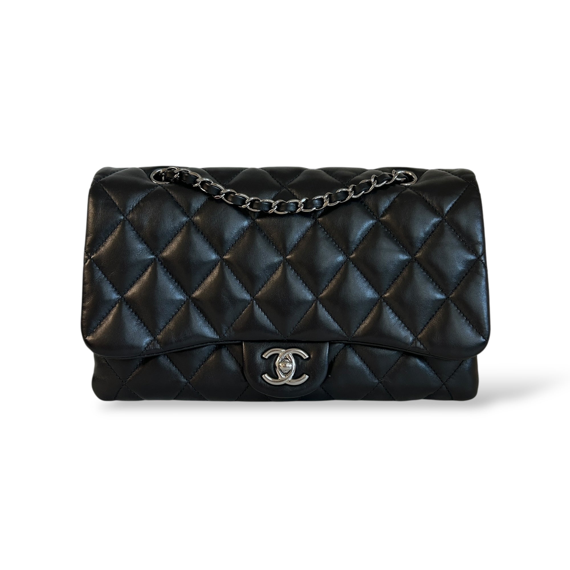 Black Lambskin Quilted 3 Large Accordion Flap Bag w/SHW