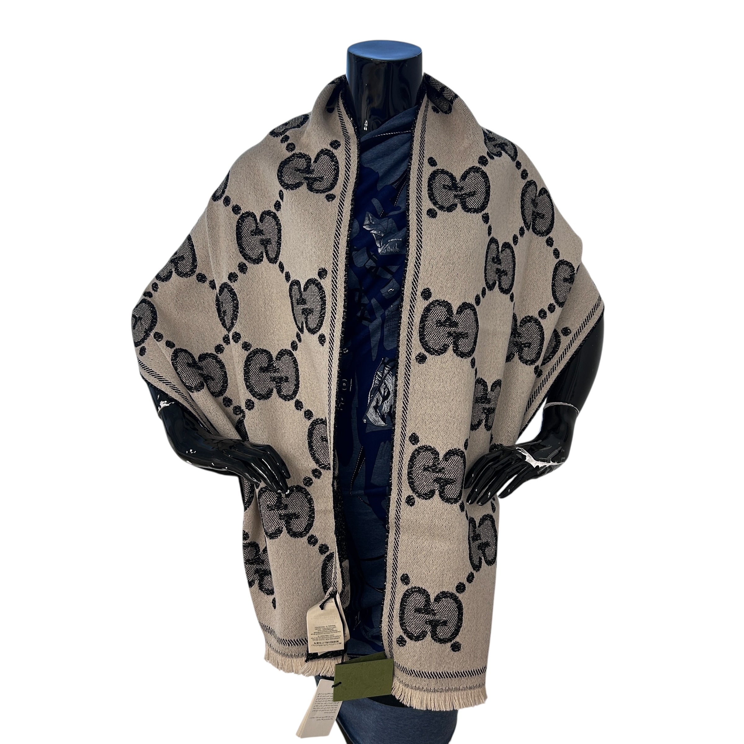 Grey/Beige/Gold GG Jacquard Wool Scarf