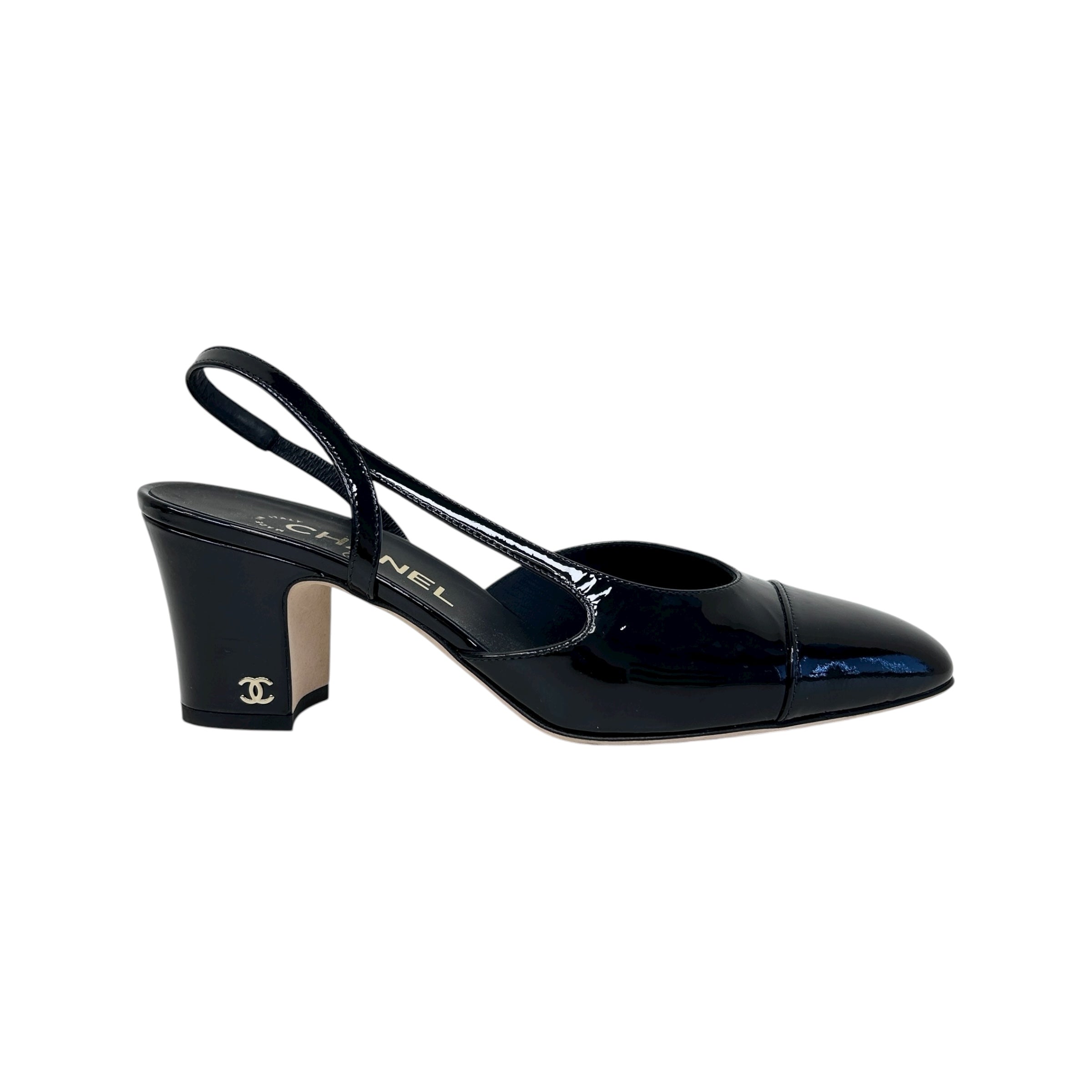 Black Patent Leather Cap Toe Slingback Sandals