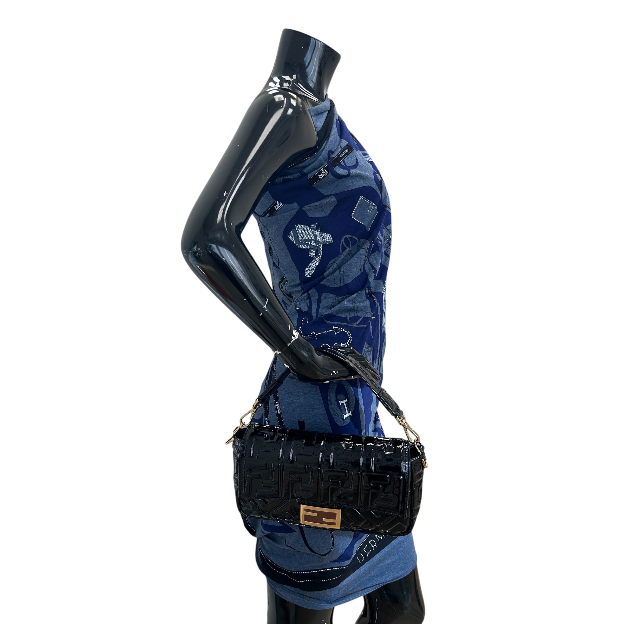 Black Large Zucca Embossed Patent Baguette Bag w/strap GHW
