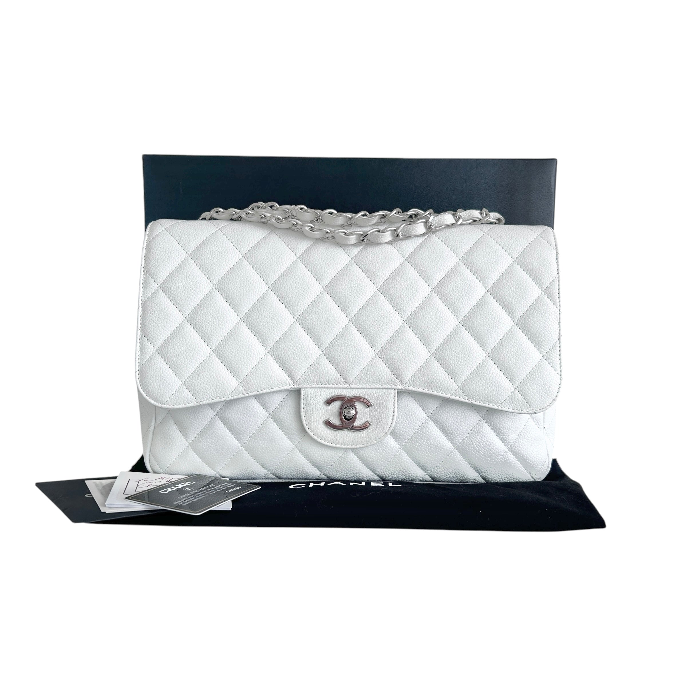 White Caviar Quilted Jumbo Single Flap Bag w/SHW