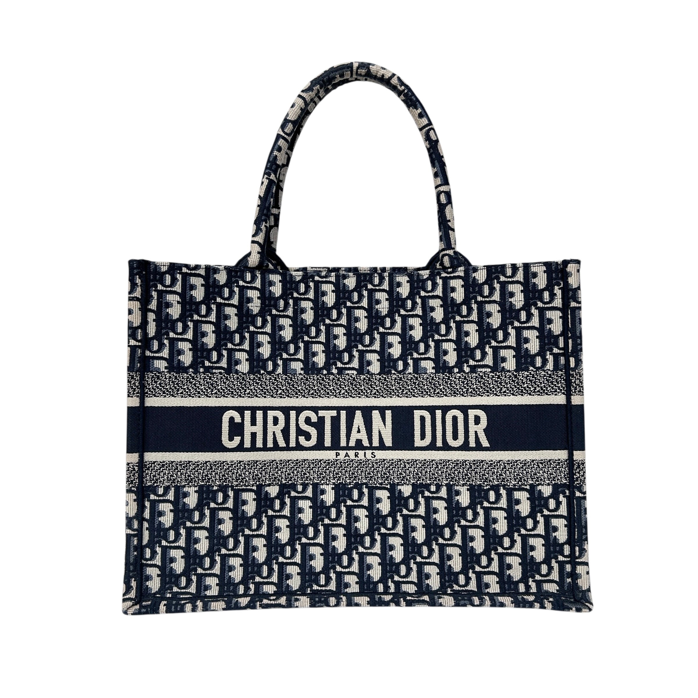 Ecru and Blue Oblique Embroidery Medium Book Tote