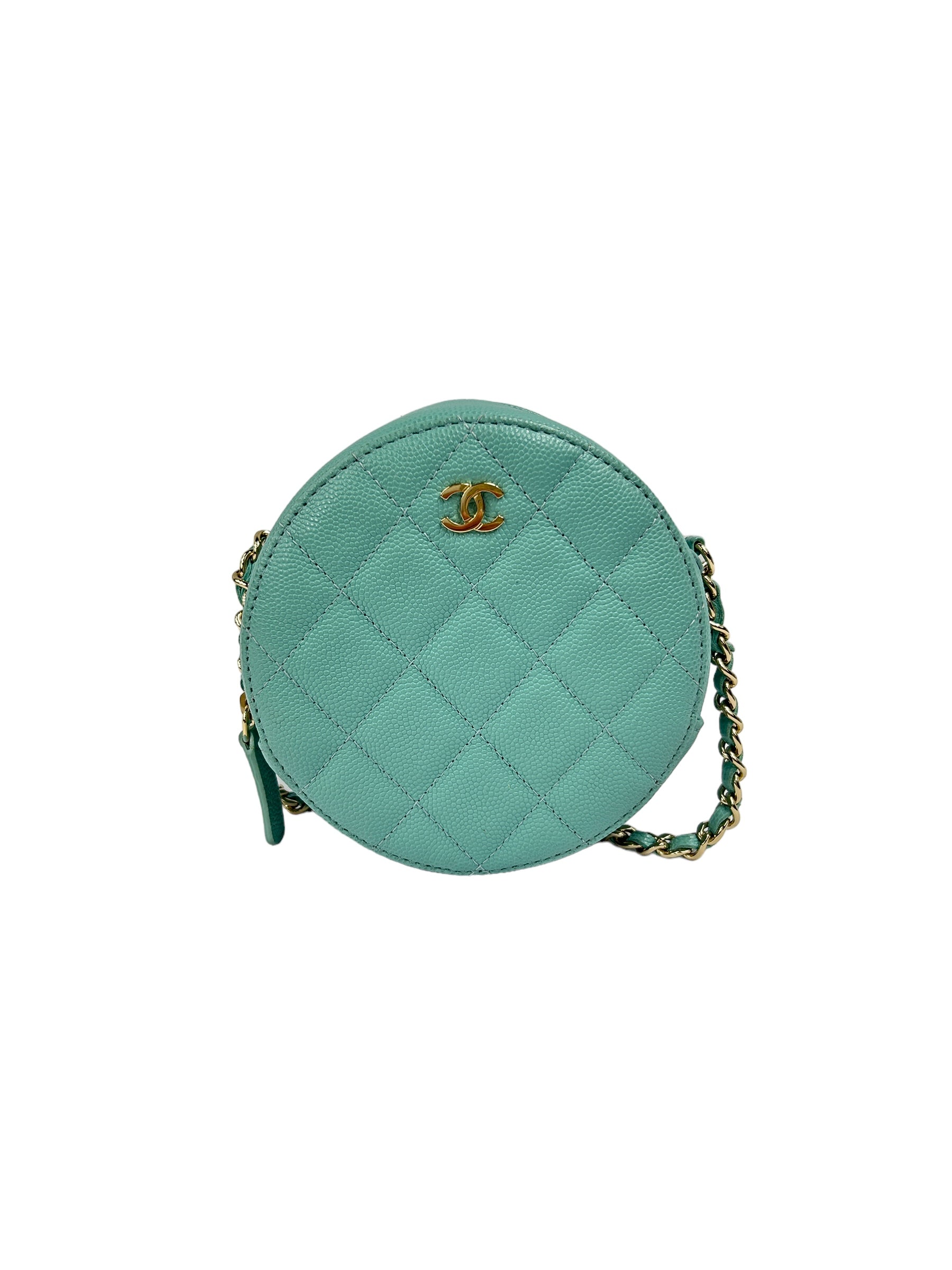 Teal Blue Caviar Round Mini Crossbody Bag w/LGHW