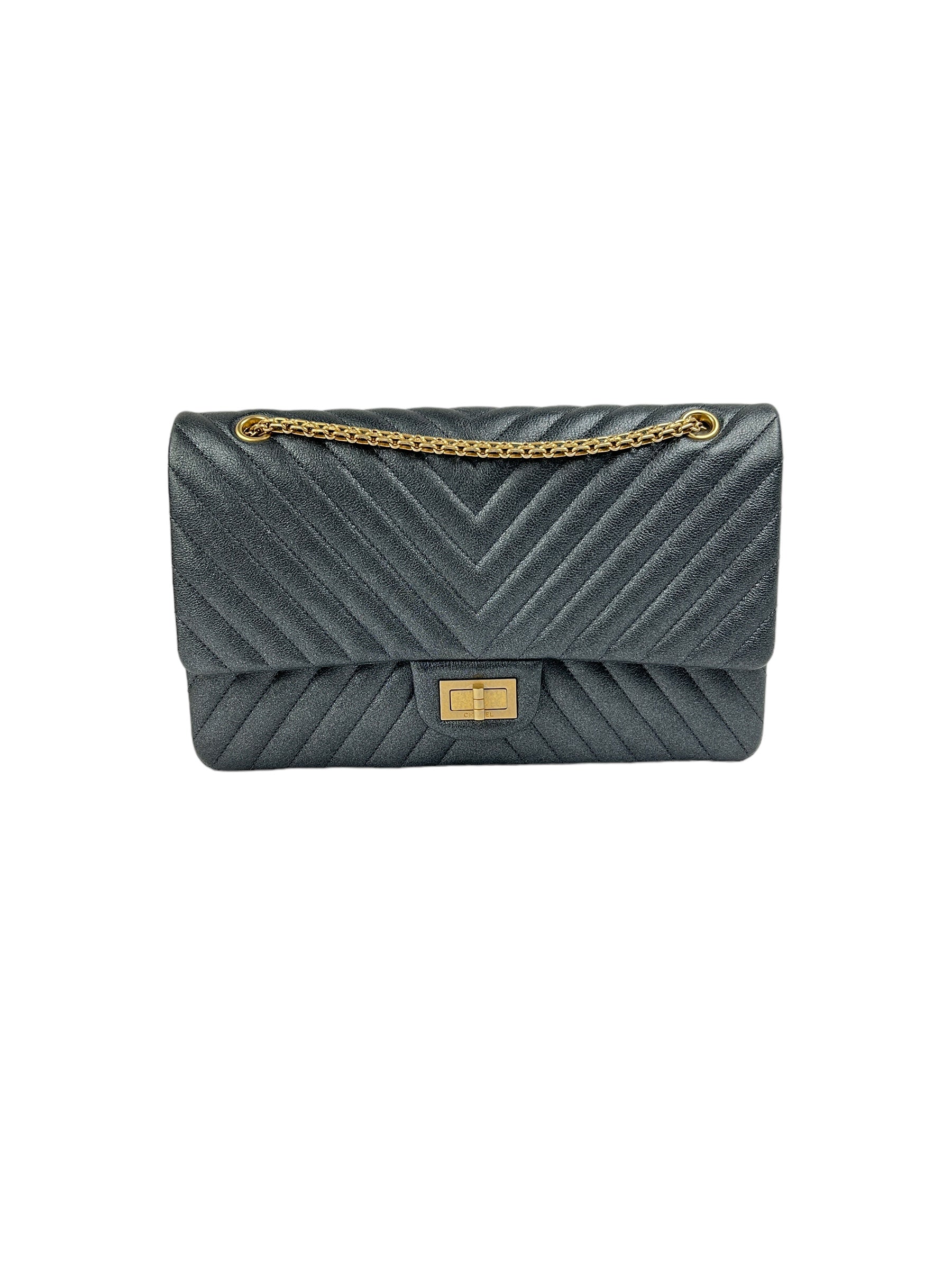 227 Timeless Reissue Mademoiselle Metallic Dark Grey Sheepskin Grained Double Flap Bag w/MAGHW