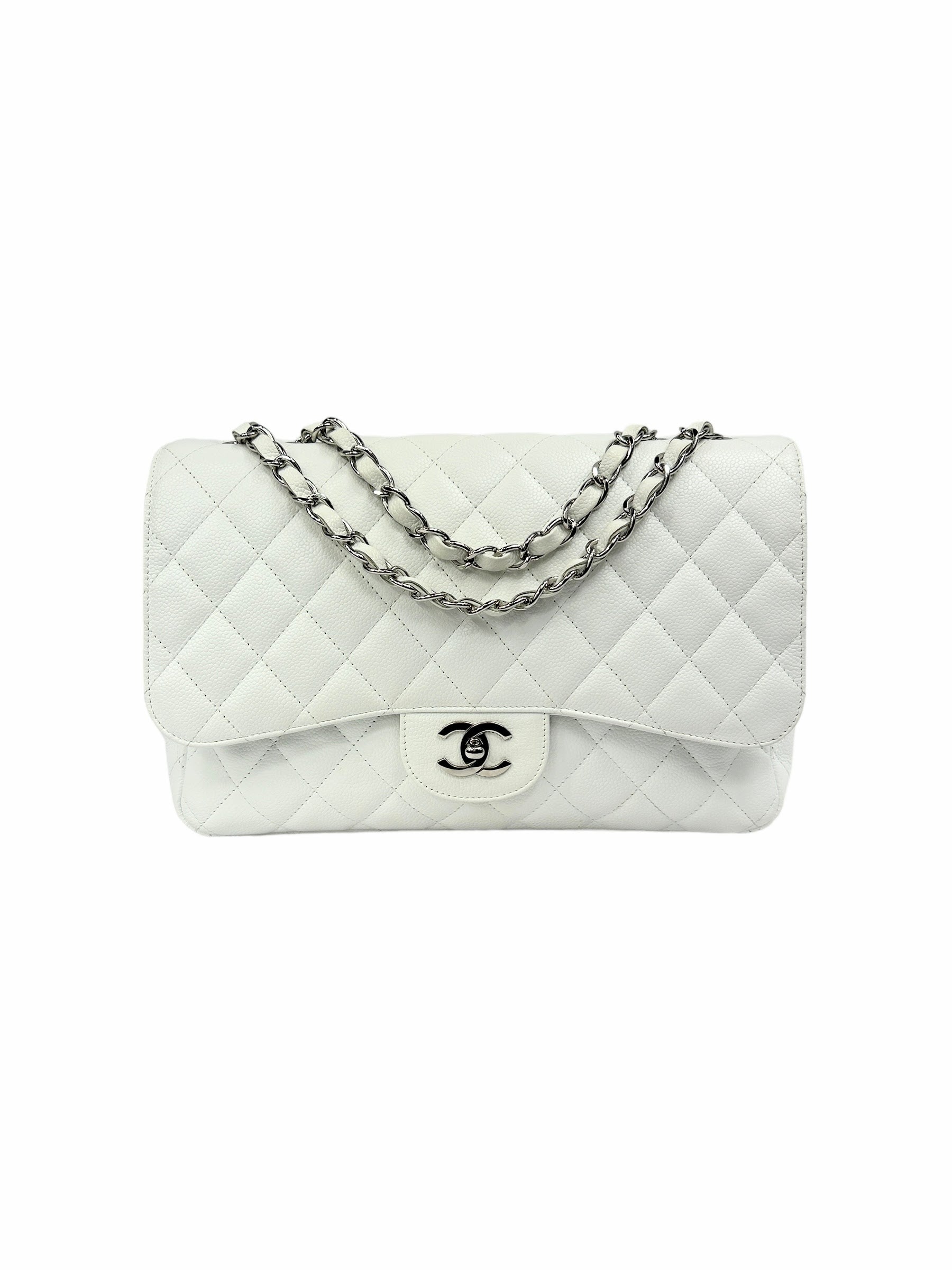 White Caviar Quilted Jumbo Single Flap Bag W/SHW